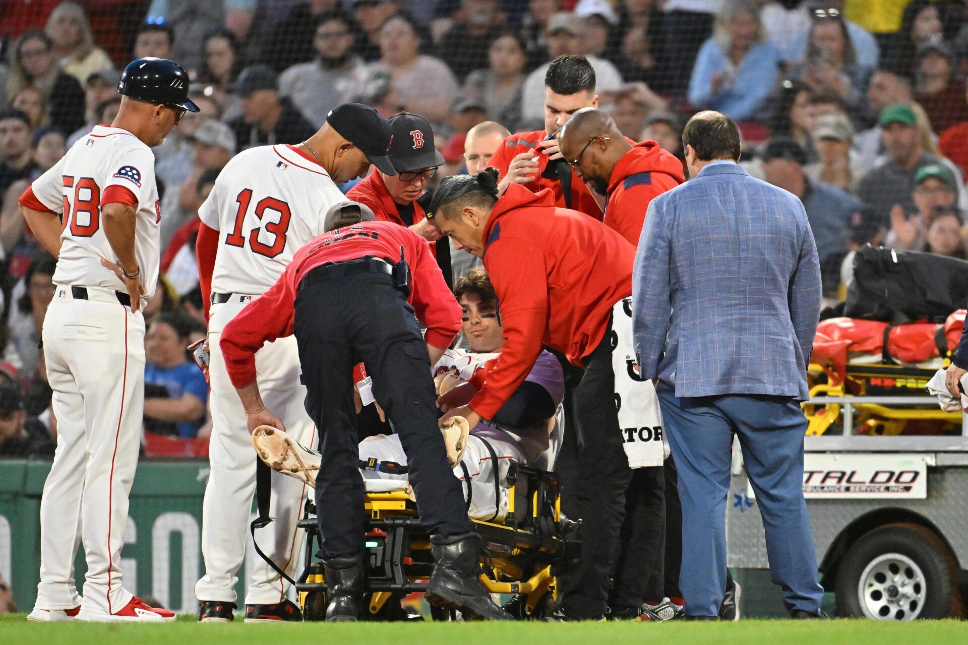 Boston Red Sox first baseman Triston Casas (36) is taken off the field on a stretcher during the second inning against the Minnesota Twins at Fenway Park.