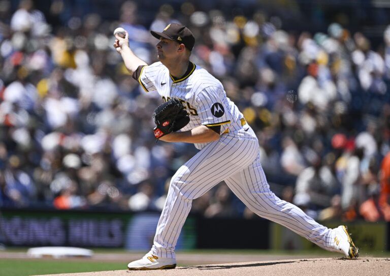 San Diego Padres starting pitcher Michael King (34) delivers during the first inning against the San Francisco Giants at Petco Park.