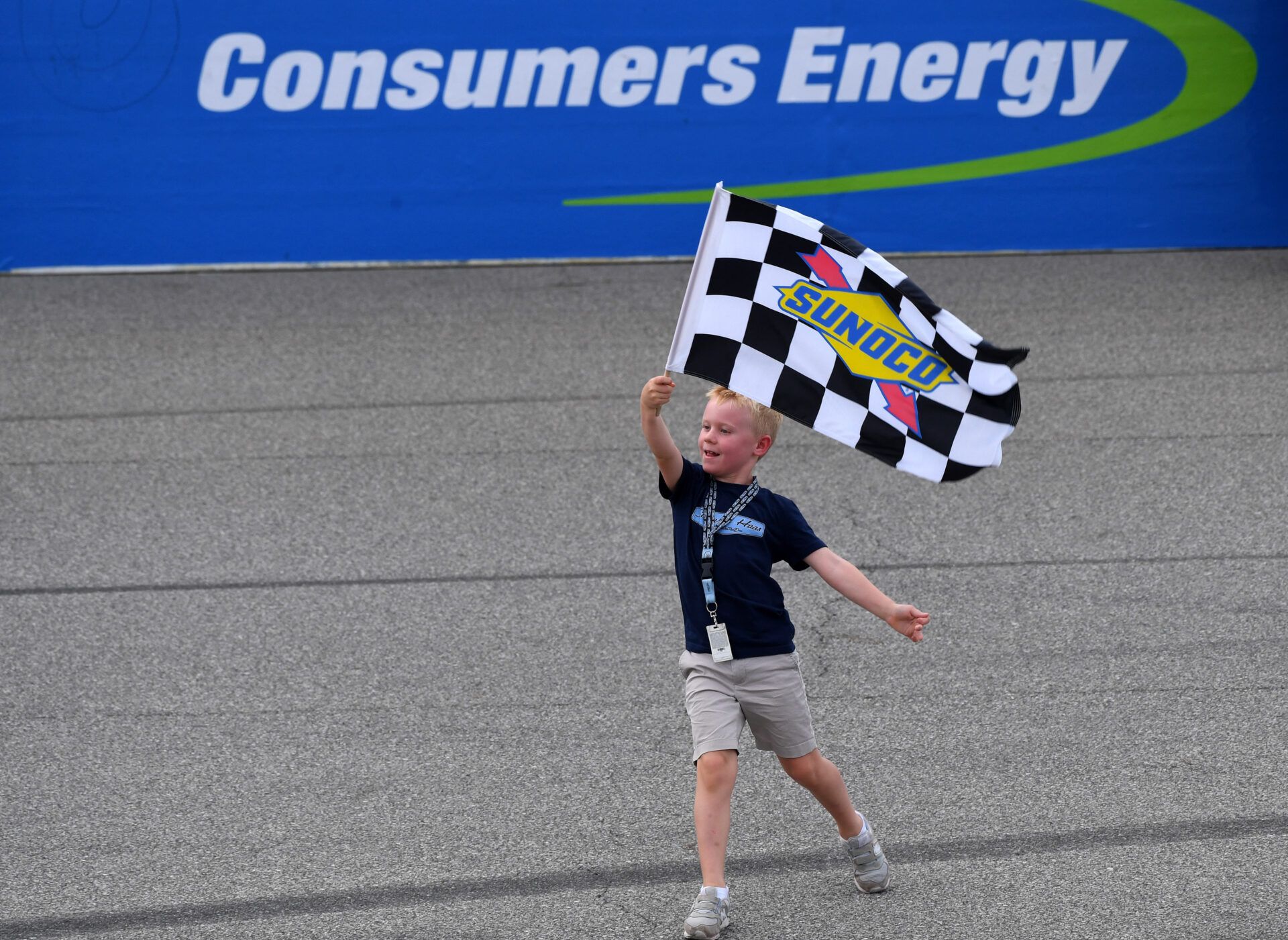 Aug 11, 2019; Brooklyn, MI, USA; Keelan Harvick reacts after a victory by his father NASCAR Cup Series driver Kevin Harvick (not pictured) during the Consumers Energy 400 at Michigan Speedway. Mandatory Credit: Mike DiNovo-USA TODAY Sports