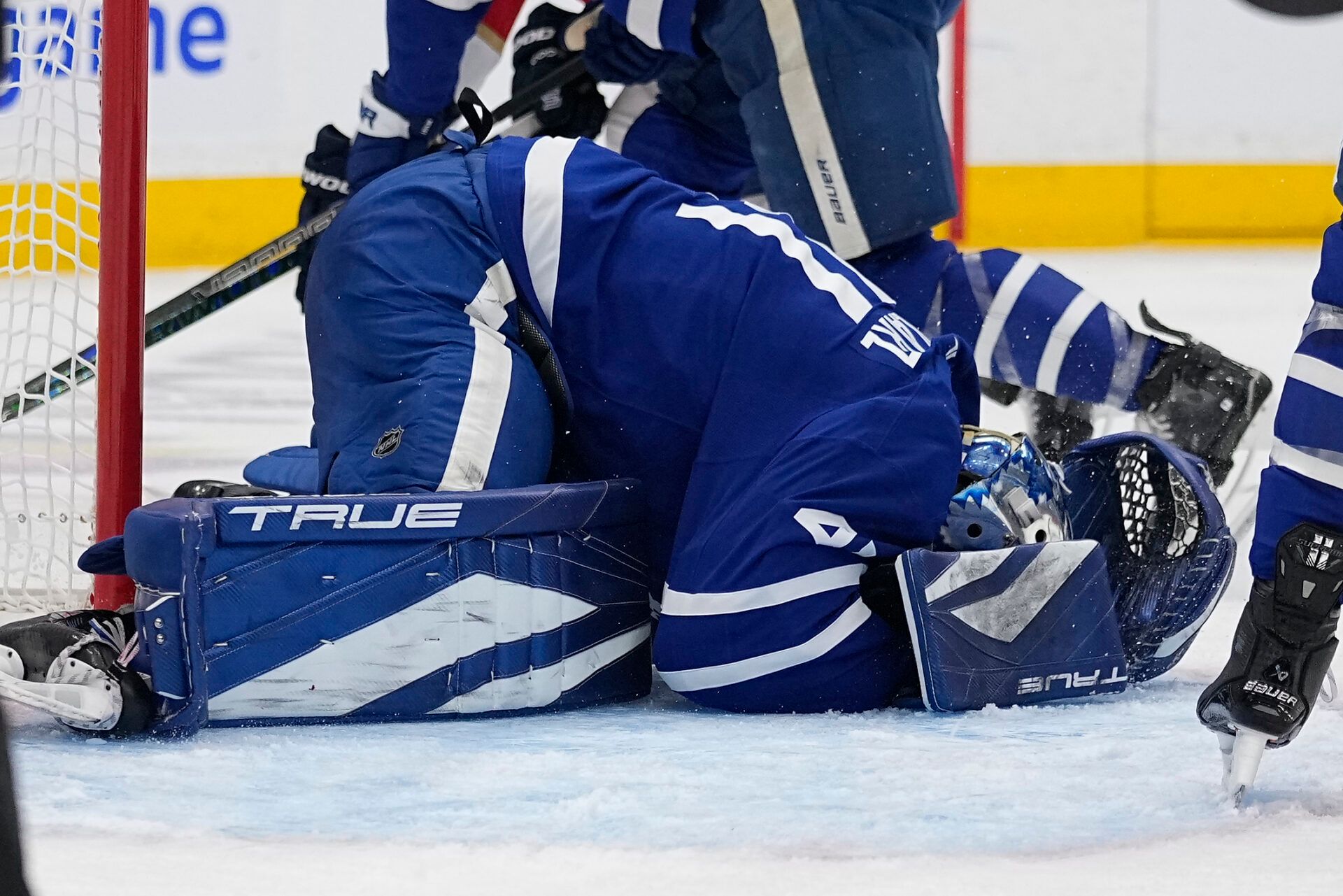 May 5, 2025; Toronto, Ontario, CAN; Toronto Maple Leafs goaltender Anthony Stolarz (41) grabs his head after a collission with Florida Panthers forward Sam Bennett (not pictured) during the second period in game one of the second round of the 2025 Stanley Cup Playoffs at Scotiabank Arena. Mandatory Credit: John E. Sokolowski-Imagn Images