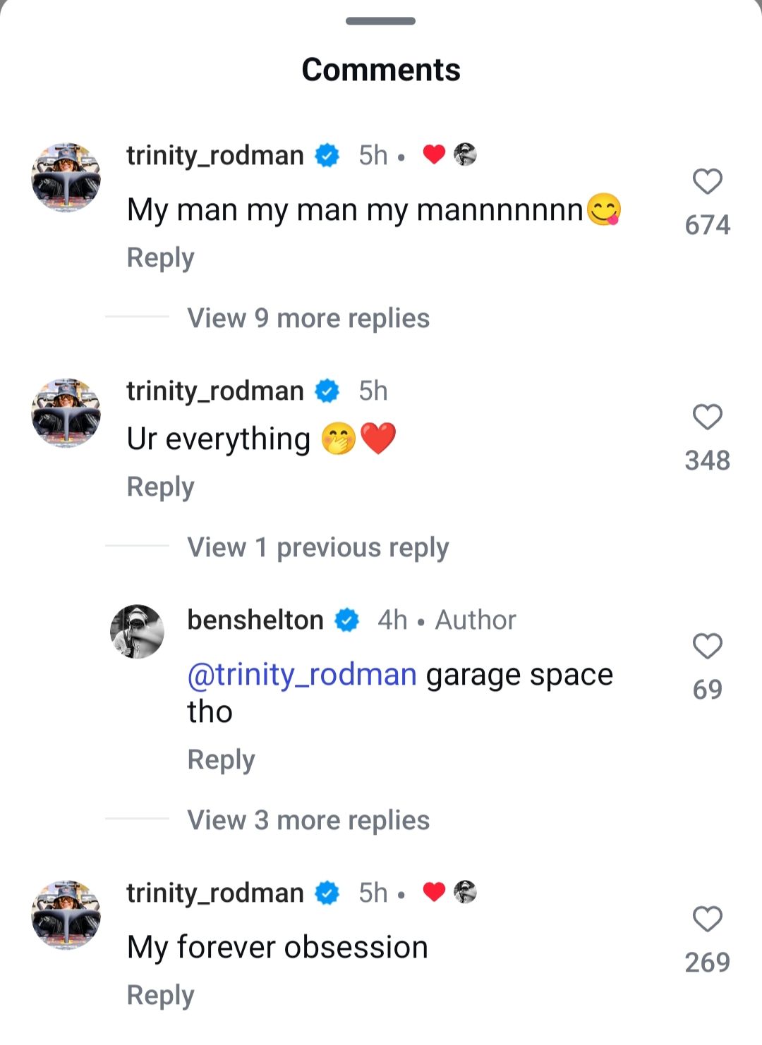 Screen grab of Ben Shelton's girlfriend Trinity Rodman's comment