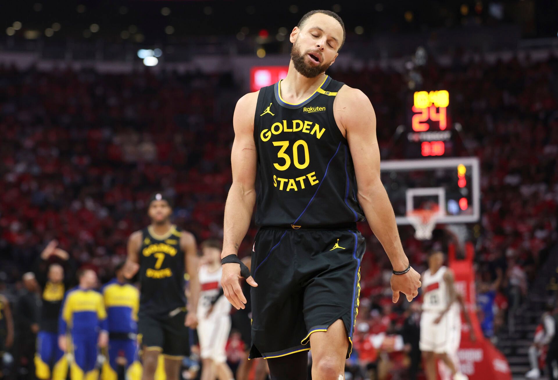 May 4, 2025; Houston, Texas, USA; Golden State Warriors guard Stephen Curry (30) reacts during game seven of the first round for the 2025 NBA Playoffs against the Houston Rockets at Toyota Center. Mandatory Credit: Troy Taormina-Imagn Images