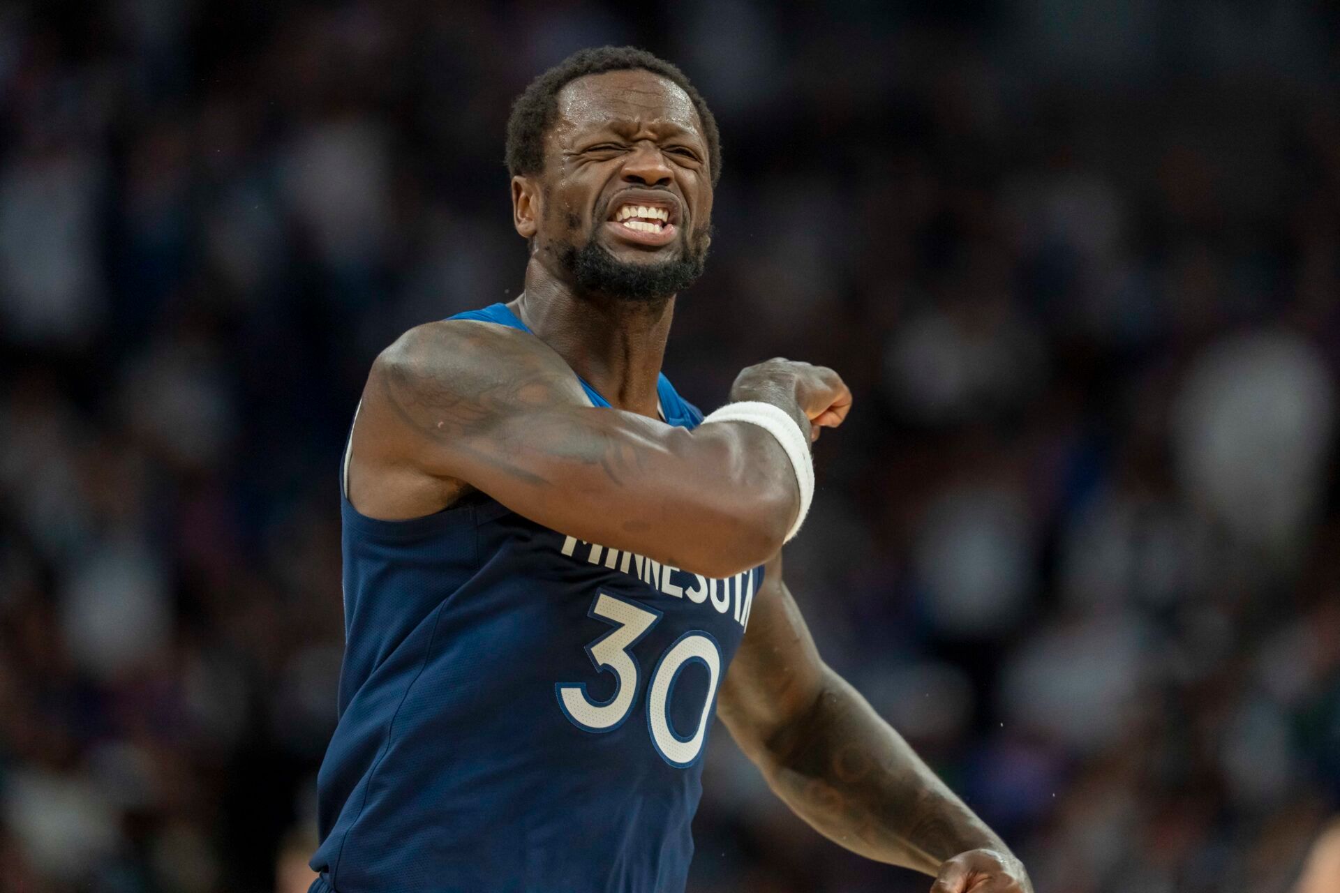 Apr 25, 2025; Minneapolis, Minnesota, USA; Minnesota Timberwolves forward Julius Randle (30) reacts after a foul is called against the Los Angeles Lakers in the first half during game three of first round for the 2024 NBA Playoffs at Target Center. Mandatory Credit: Jesse Johnson-Imagn Images