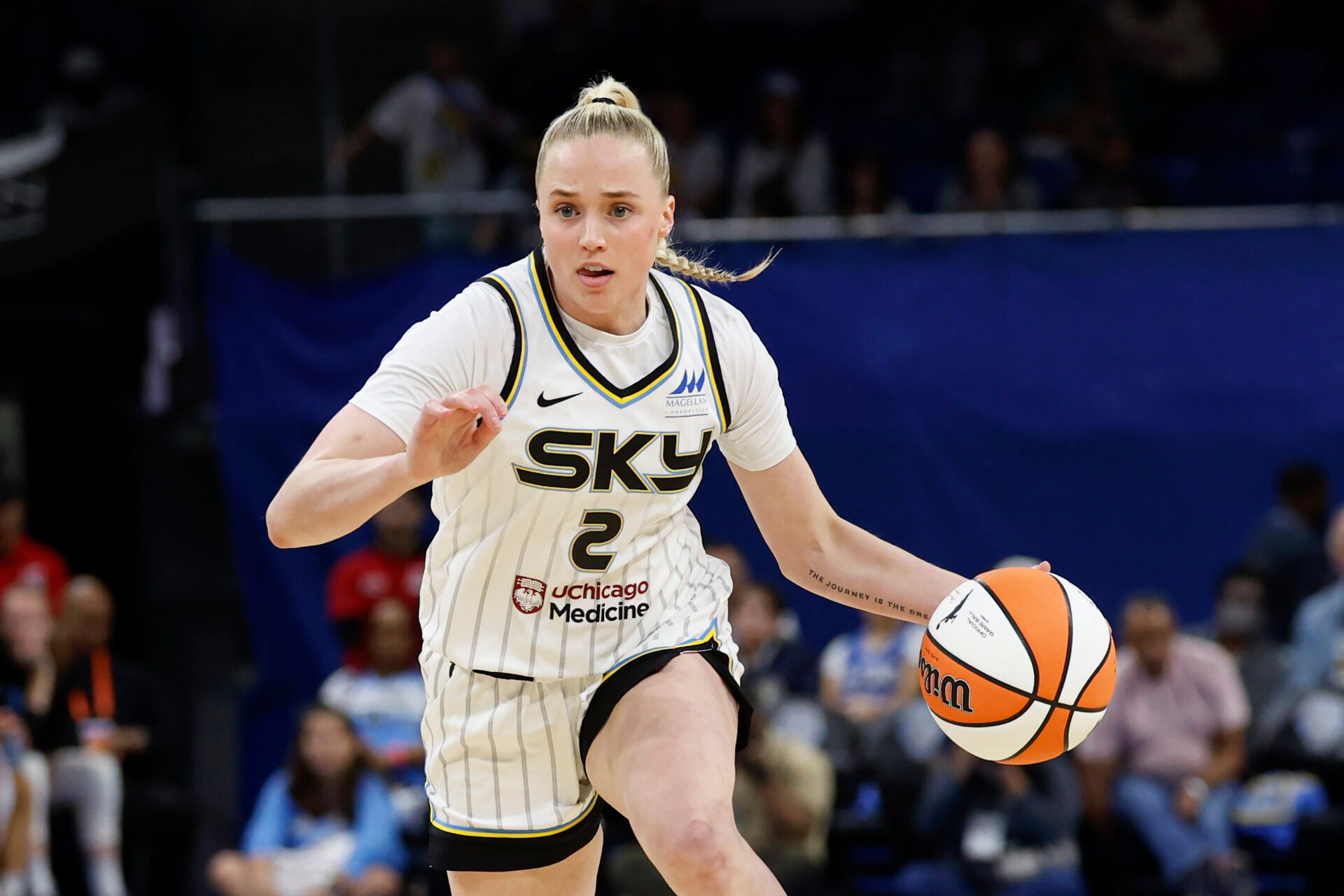 Chicago Sky guard Hailey Van Lith (2) drives to the basket against the Minnesota Lynx during the second half of a WNBA pre-season game at Wintrust Arena.