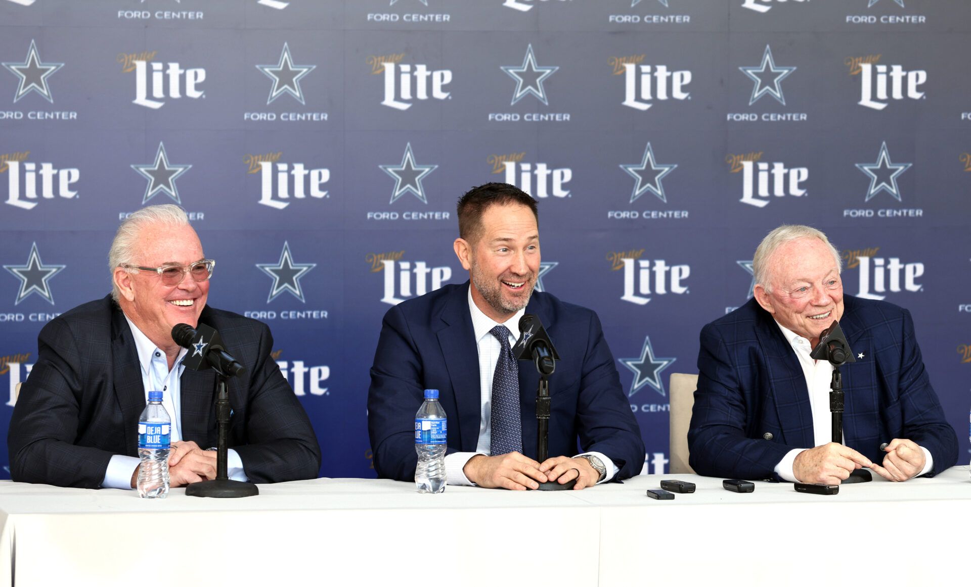 Jan 27, 2025; Frisco, TX, USA; (L to R) Dallas Cowboys CEO Stephen Jones, head coach Brian Schottenheimer and owner Jerry Jones speak to the media at a press conference at the Star. Mandatory Credit: Tim Heitman-Imagn Images