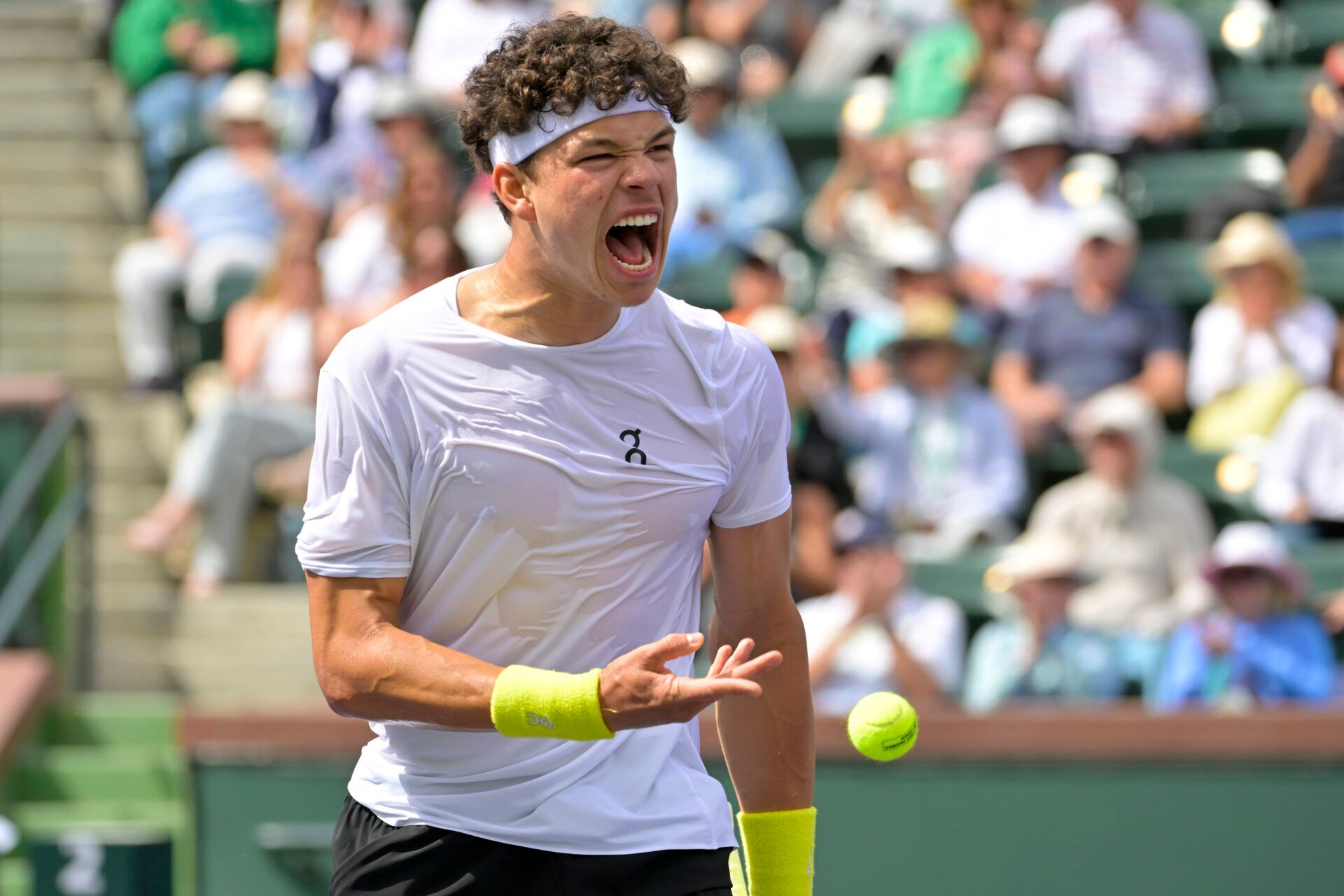 Ben Shelton (USA) reacts after a winning a game as he defeated Brandon Nakashima (not pictured) in round four of the BNP Paribas Open at the Indian Well Tennis Garden.