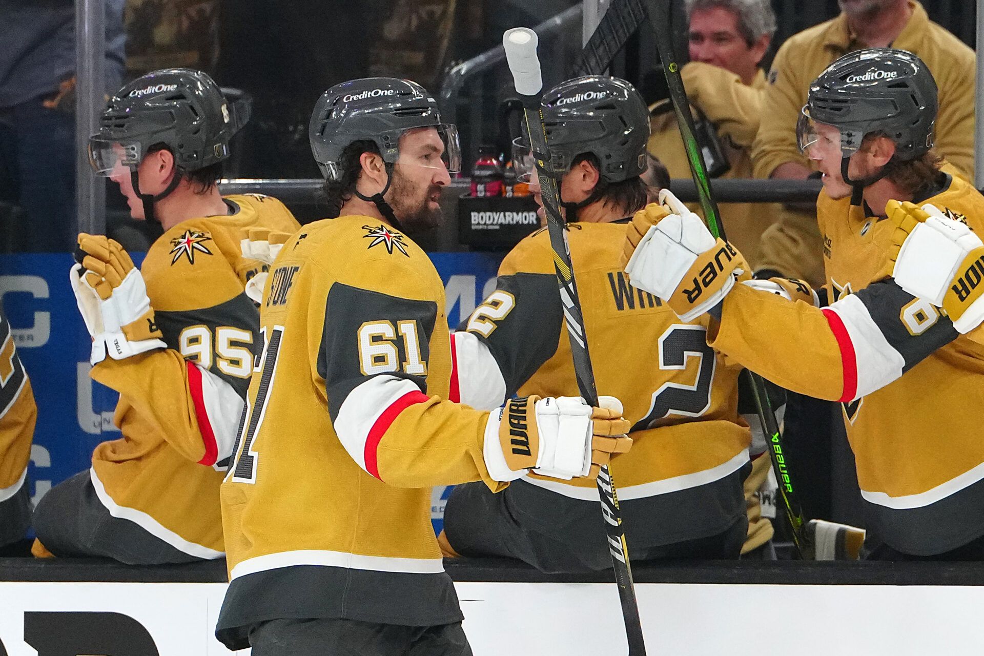 May 6, 2025; Las Vegas, Nevada, USA; Vegas Golden Knights right wing Mark Stone (61) celebrates after scoring a goal against the Edmonton Oilers during the first period of game one of the second round of the 2025 Stanley Cup Playoffs at T-Mobile Arena. Mandatory Credit: Stephen R. Sylvanie-Imagn Images