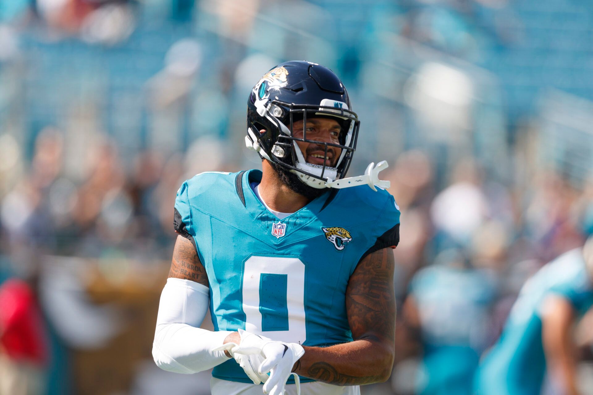 Oct 27, 2024; Jacksonville, Florida, USA; Jacksonville Jaguars wide receiver Gabe Davis (0) before the game against the Green Bay Packers at EverBank Stadium. Mandatory Credit: Morgan Tencza-Imagn Images