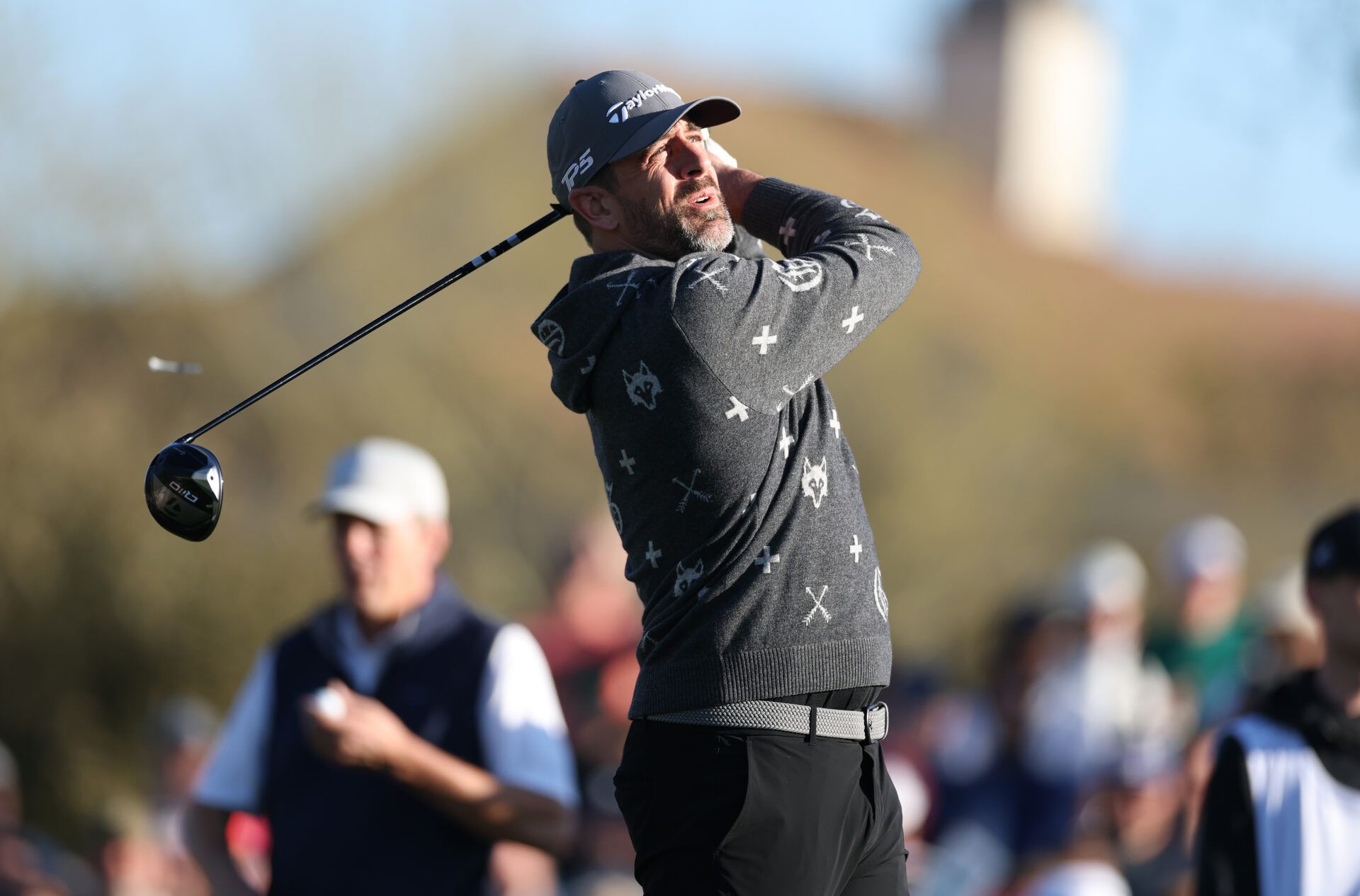 SCOTTSDALE, ARIZONA - FEBRUARY 05: Aaron Rodgers hits a shot during the Pro Am prior to the WM Phoenix Open 2025 at TPC Scottsdale on February 05, 2025 in Scottsdale, Arizona. (Photo by Andy Lyons/Getty Images)