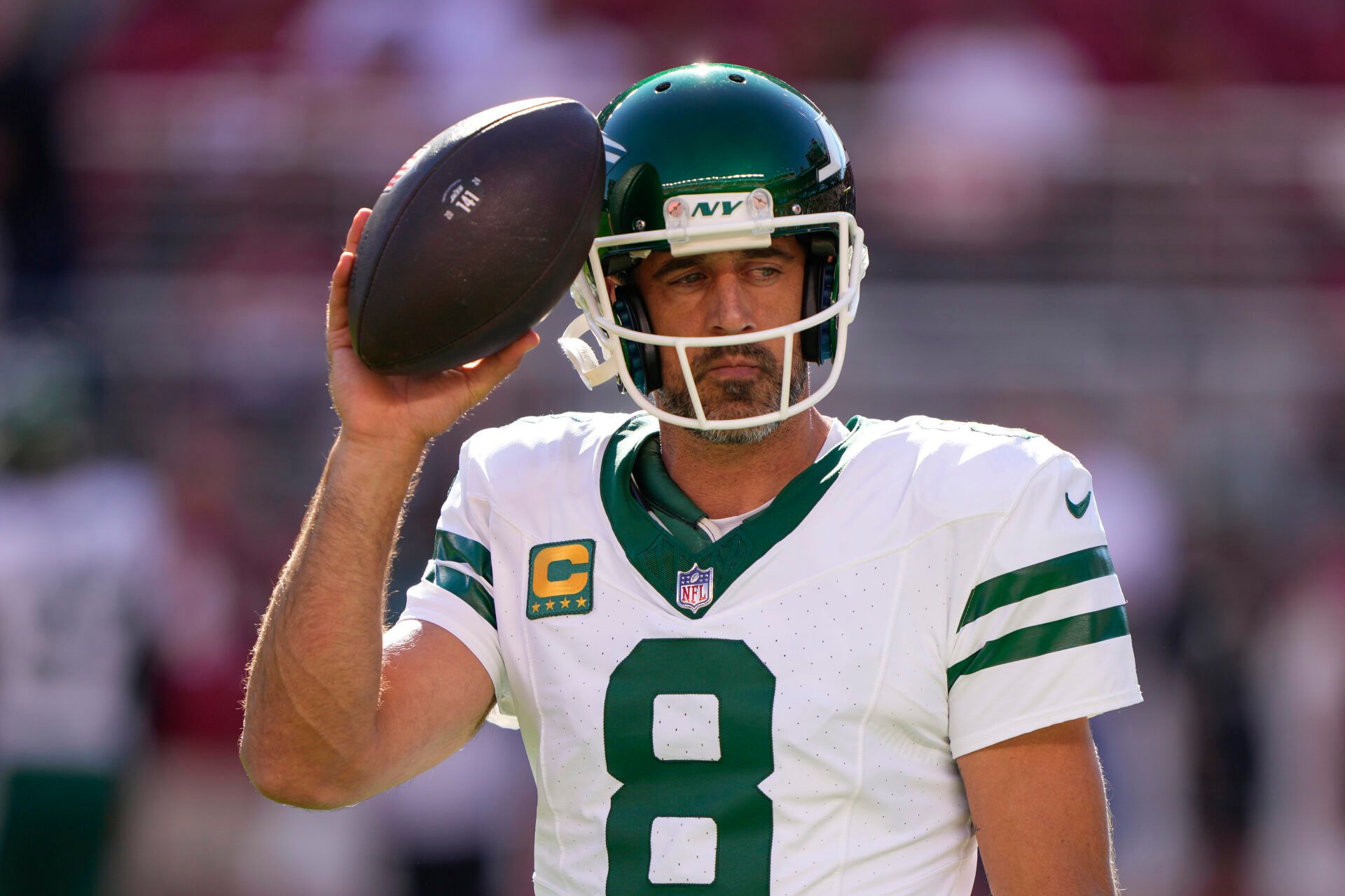 SANTA CLARA, CALIFORNIA - SEPTEMBER 09: Quarterback Aaron Rodgers #8 of the New York Jets looks on during warm ups before taking on the San Francisco 49ers at Levi's Stadium on September 09, 2024 in Santa Clara, California. (Photo by Thearon W. Henderson/Getty Images)