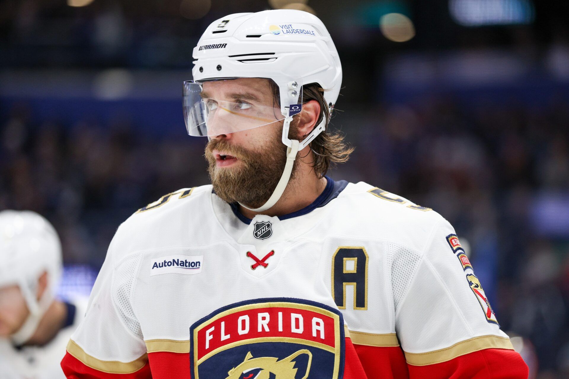 Tampa, Florida, USA; Florida Panthers defenseman Aaron Ekblad (5) looks on against the Tampa Bay Lightning in the third period at Amalie Arena. Mandatory Credit: Nathan Ray Seebeck-Imagn Images