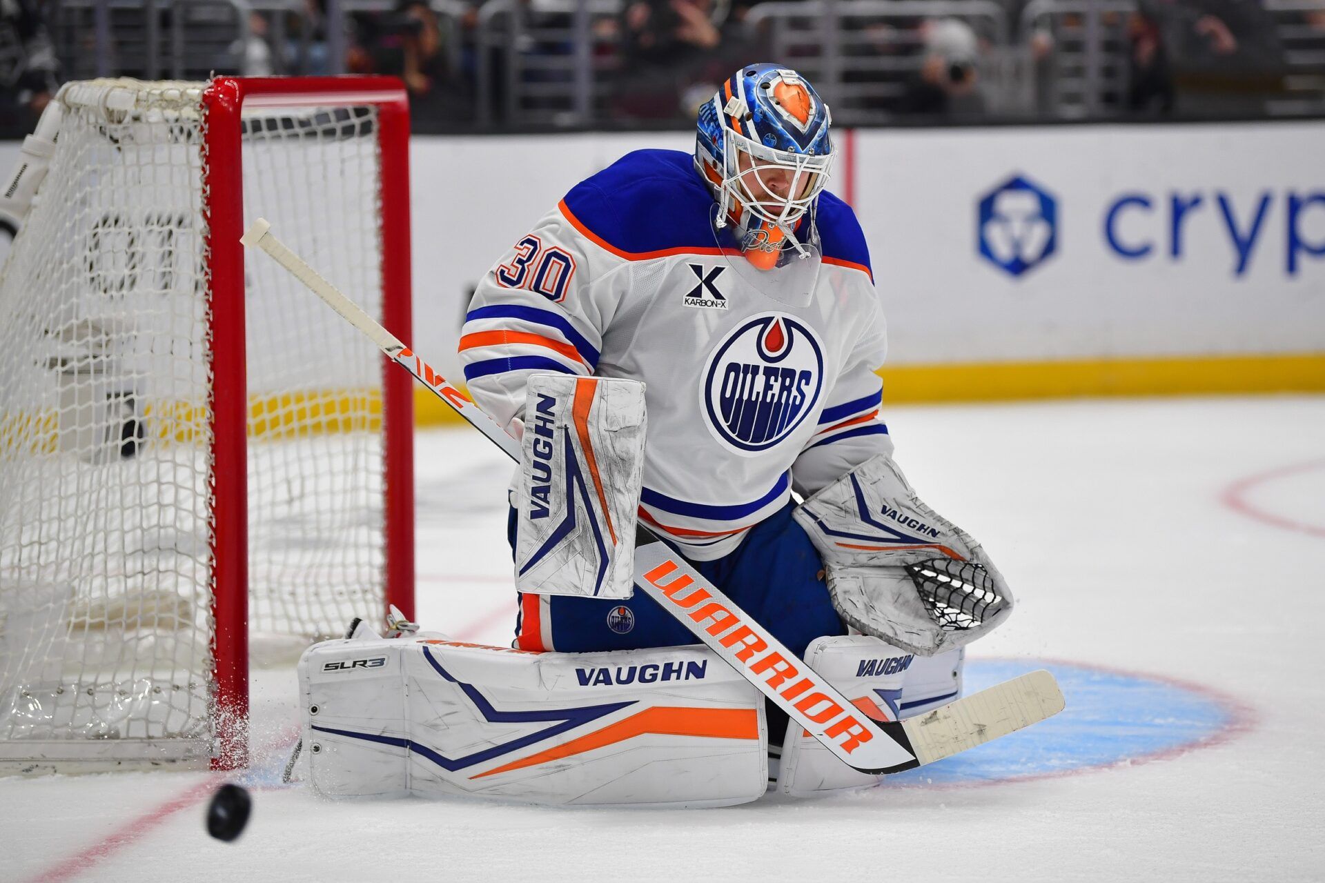 Apr 29, 2025; Los Angeles, California, USA; Edmonton Oilers goaltender Calvin Pickard (30) blocks a shot against the Los Angeles Kings during the second period in game five of the first round of the 2025 Stanley Cup Playoffs at Crypto.com Arena. Mandatory Credit: Gary A. Vasquez-Imagn Images