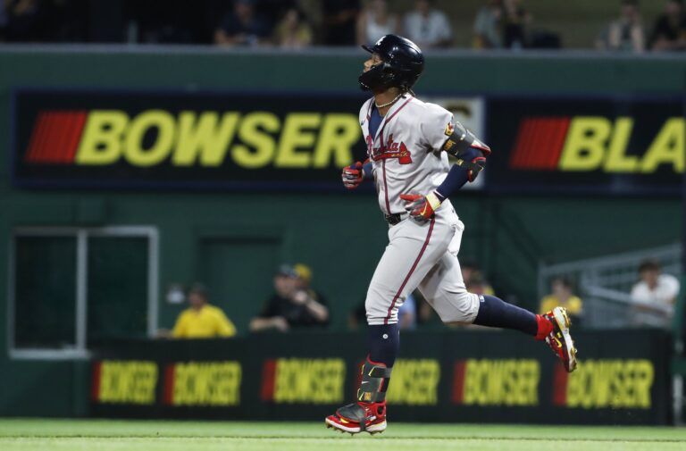 Atlanta Braves right fielder Ronald Acuna Jr. (13) circles the bases on a three-run home run against the Pittsburgh Pirates during the eighth inning at PNC Park.