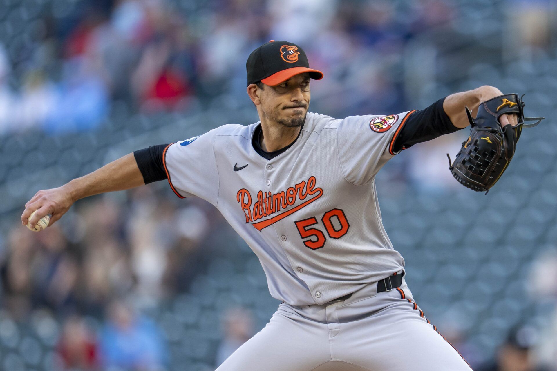 Baltimore Orioles starting pitcher Charlie Morton (50) delivers a pitch against the Minnesota Twins in the first inning at Target Field.