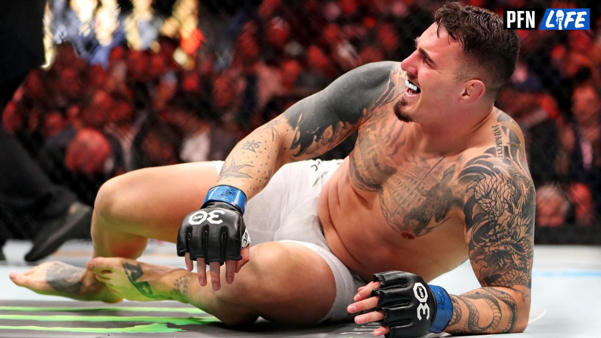 Tom Aspinall (blue gloves) reacts to beating Sergei Pavlovich (red gloves) during UFC 295 at Madison Square Garden.