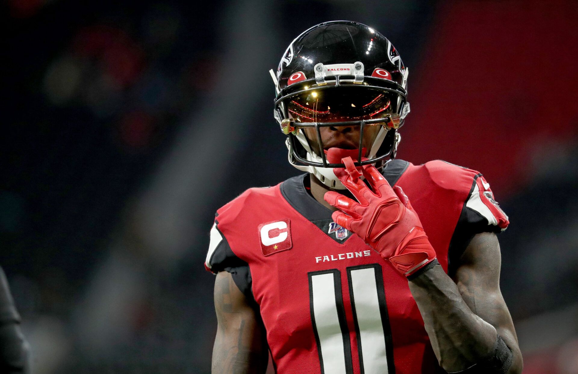 Dec 22, 2019; Atlanta, Georgia, USA; Atlanta Falcons wide receiver Julio Jones (11) warms-up before their game against the Jacksonville Jaguars at Mercedes-Benz Stadium. Mandatory Credit: Jason Getz-USA TODAY Sports