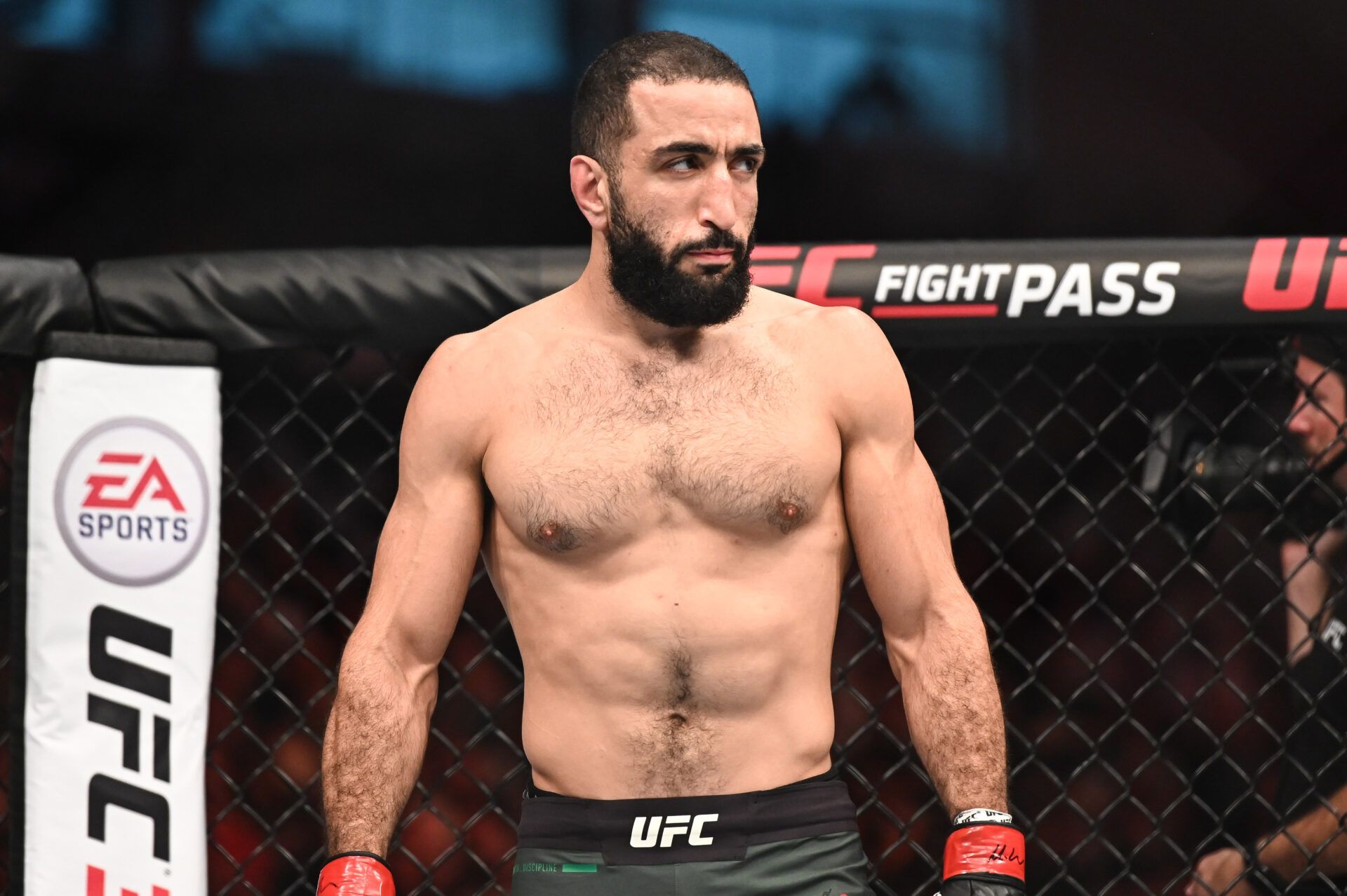 Sep 7, 2019; Abu Dhabi, UAE; Belal Muhammad (red gloves) fights Takashi Sato (not pictured) during UFC 242 at The Arena. Mandatory Credit: Per Haljestam-USA TODAY Sports