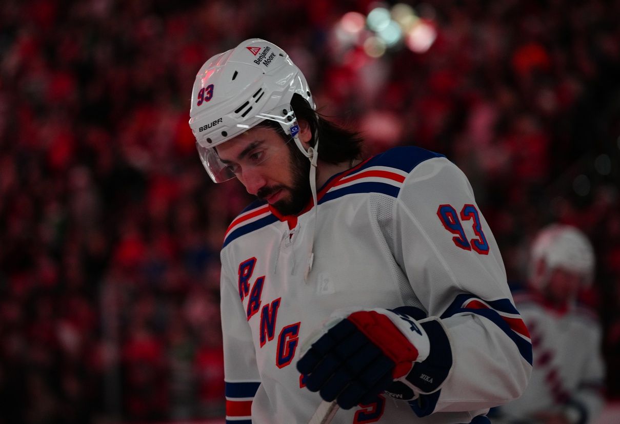 Apr 12, 2025; Raleigh, North Carolina, USA; New York Rangers center Mika Zibanejad (93) skates before the start of the game against the Carolina Hurricanes at Lenovo Center. Mandatory Credit: James Guillory-Imagn Images