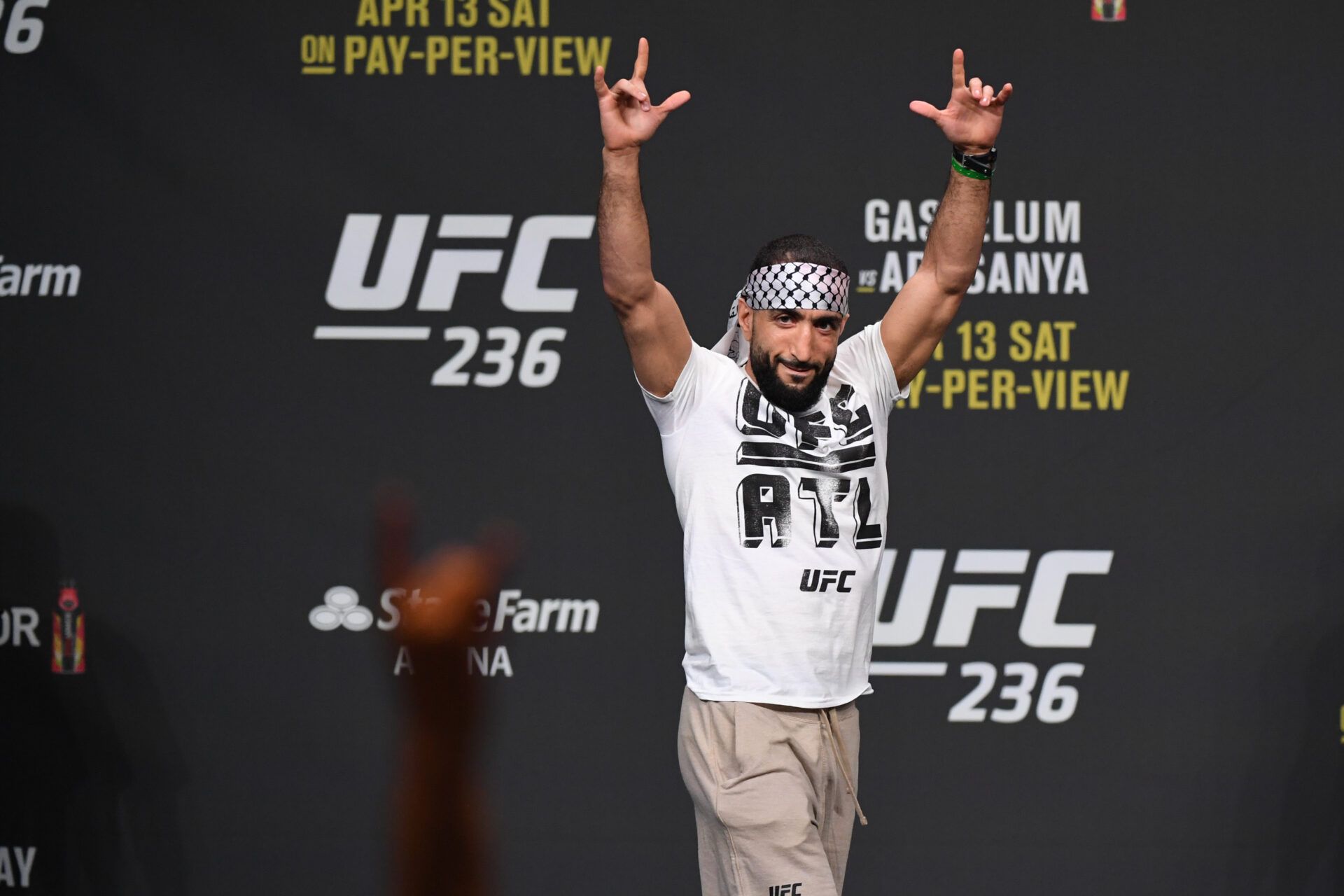 Apr 12, 2019; Atlanta, GA, USA; Belal Muhammad during weigh ins for UFC 236 at State Farm Arena. Mandatory Credit: Adam Hagy-USA TODAY Sports