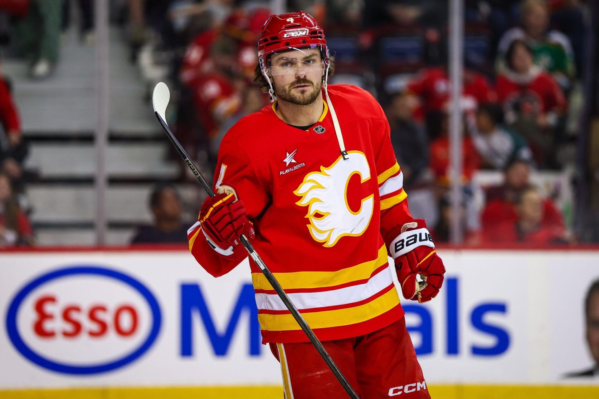 Calgary Flames defenseman Rasmus Andersson (4) against the Minnesota Wild during the third period at Scotiabank Saddledome.