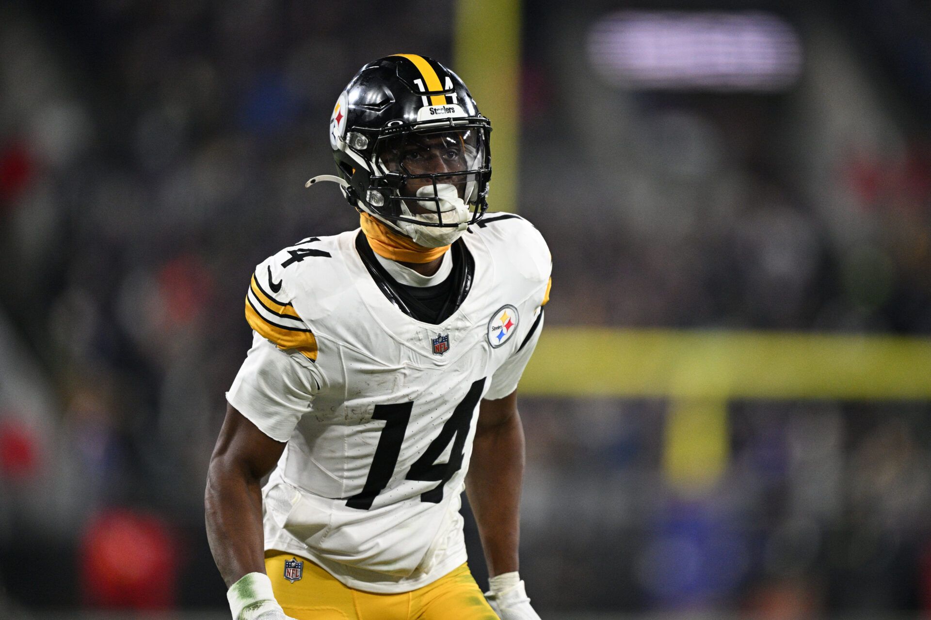 Jan 11, 2025; Baltimore, Maryland, USA; Pittsburgh Steelers wide receiver George Pickens (14) looks on in the third quarter against the Baltimore Ravens in an AFC wild card game at M&T Bank Stadium. Mandatory Credit: Tommy Gilligan-Imagn Images