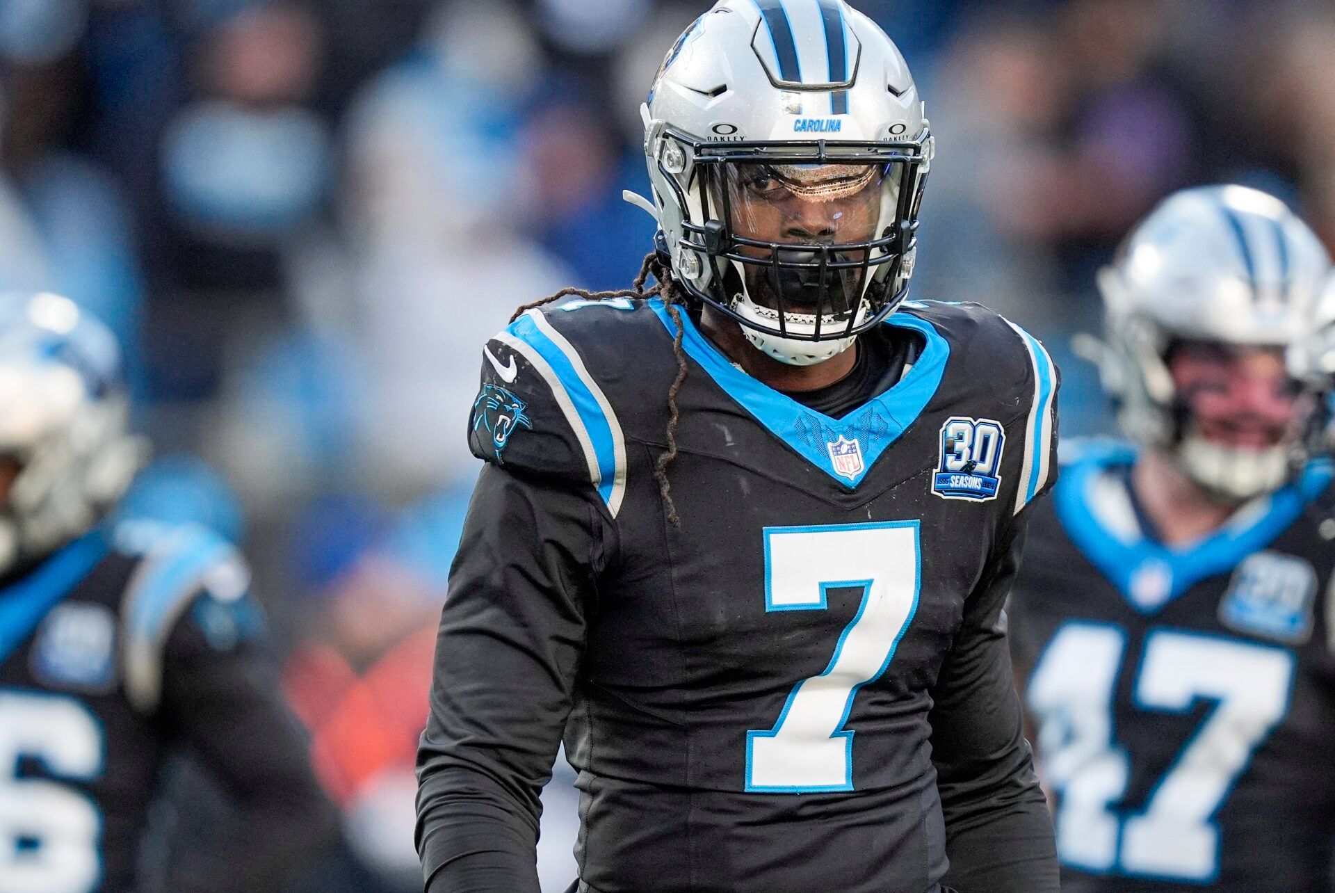 Dec 22, 2024; Charlotte, North Carolina, USA; Carolina Panthers linebacker Jadeveon Clowney (7) during the second half against the Arizona Cardinals at Bank of America Stadium. Mandatory Credit: Jim Dedmon-Imagn Images