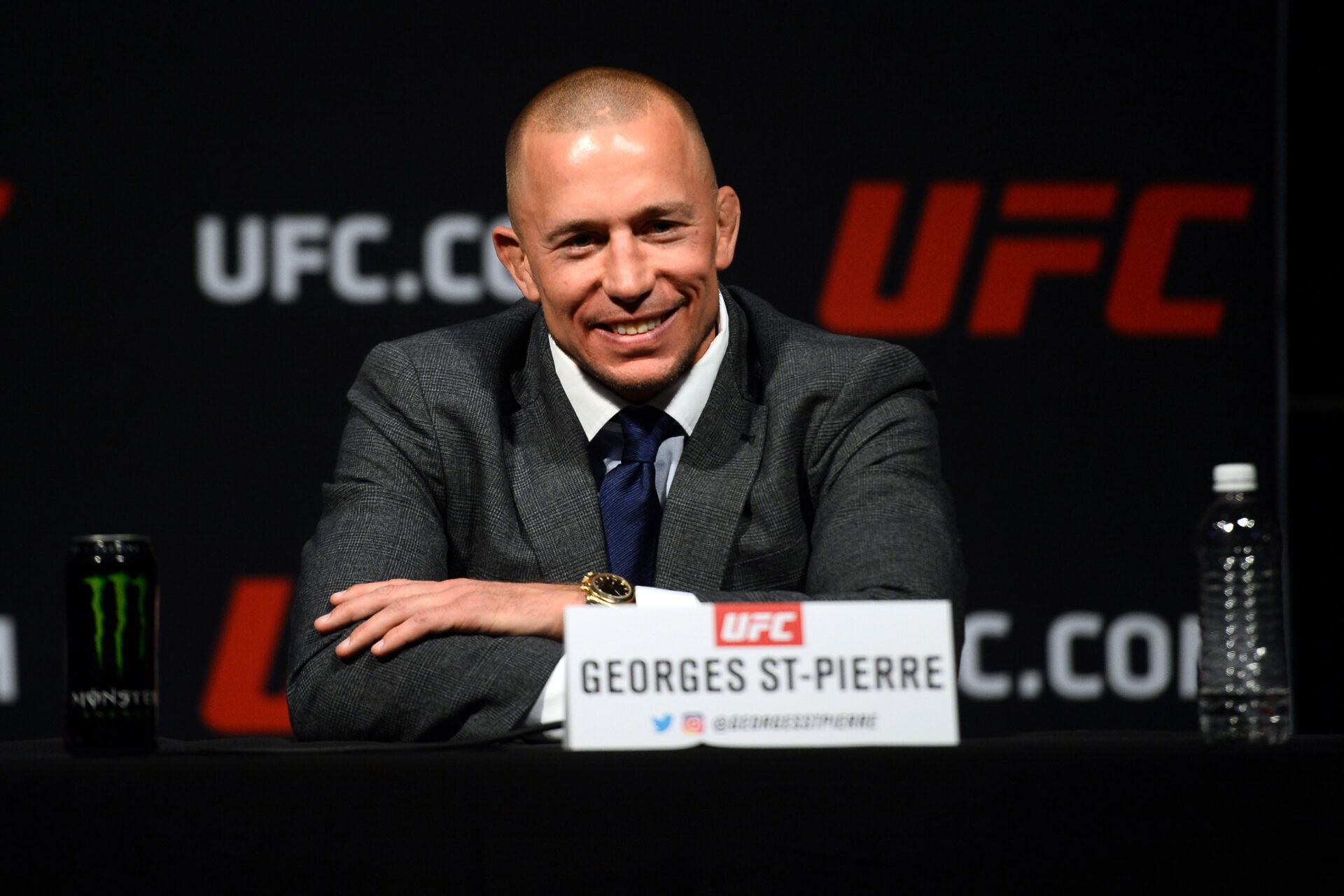 Mar 3, 2017; Las Vegas, NV, USA; Georges St-Pierre speaks during a press conference to promote his middleweight title bout against Michael Bisping (not pictured) prior to weigh ins for UFC 209 at T-Mobile Arena. Mandatory Credit: Joe Camporeale-USA TODAY Sports