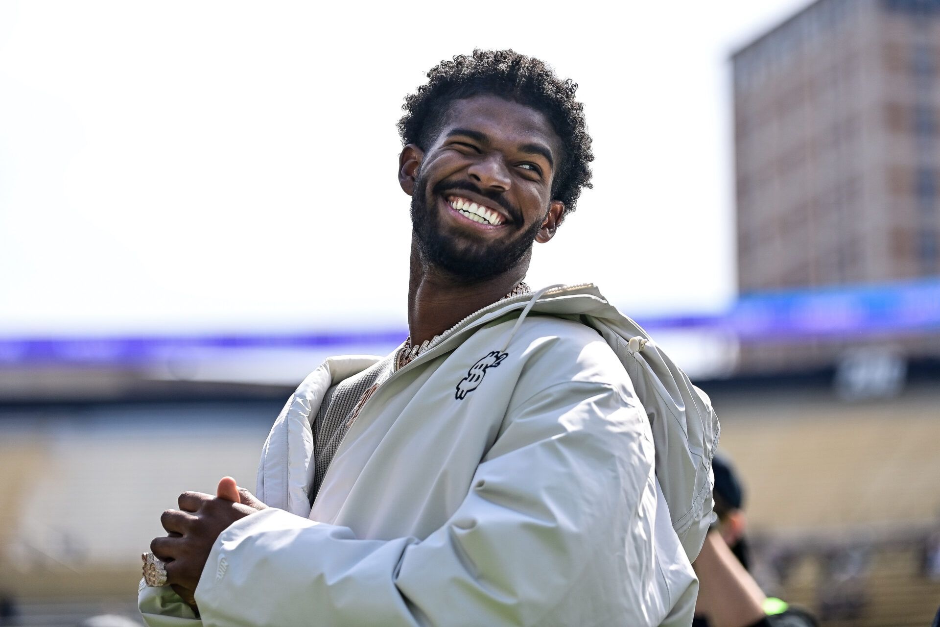 BOULDER, CO - APRIL 19: Former Colorado Buffaloes quarterback Shedeur Sanders looks on during a ceremony to retire his jersey before the Black and Gold Spring Game at Folsom Field on April 19, 2025 in Boulder, Colorado. (Photo by Dustin Bradford/Getty Images for ONIT)