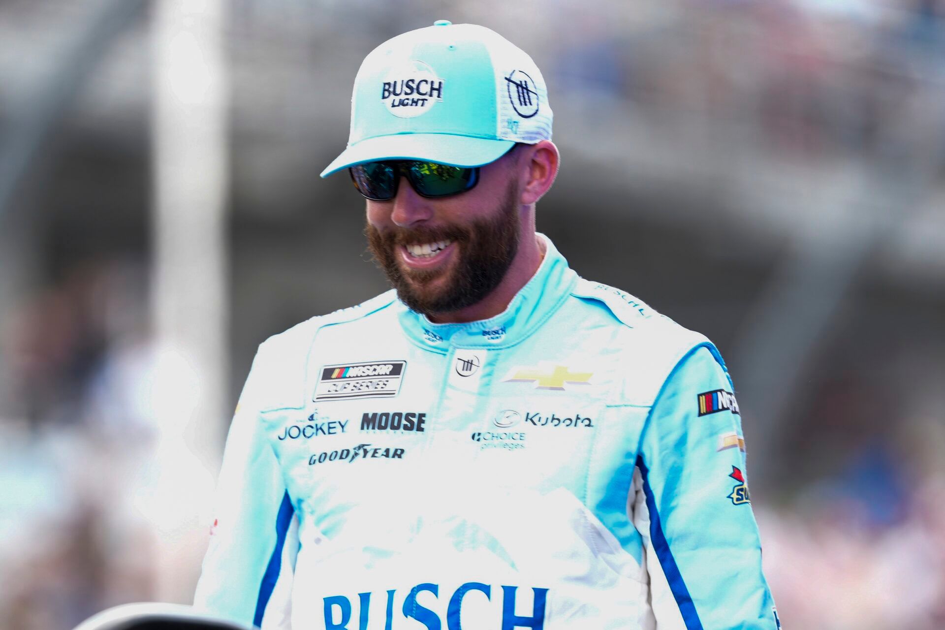 Apr 6, 2025; Darlington, South Carolina, USA; NASCAR Cup Series driver Ross Chastain (1) during intros during the Goodyear 400 at Darlington Raceway. Mandatory Credit: Jim Dedmon-Imagn Images