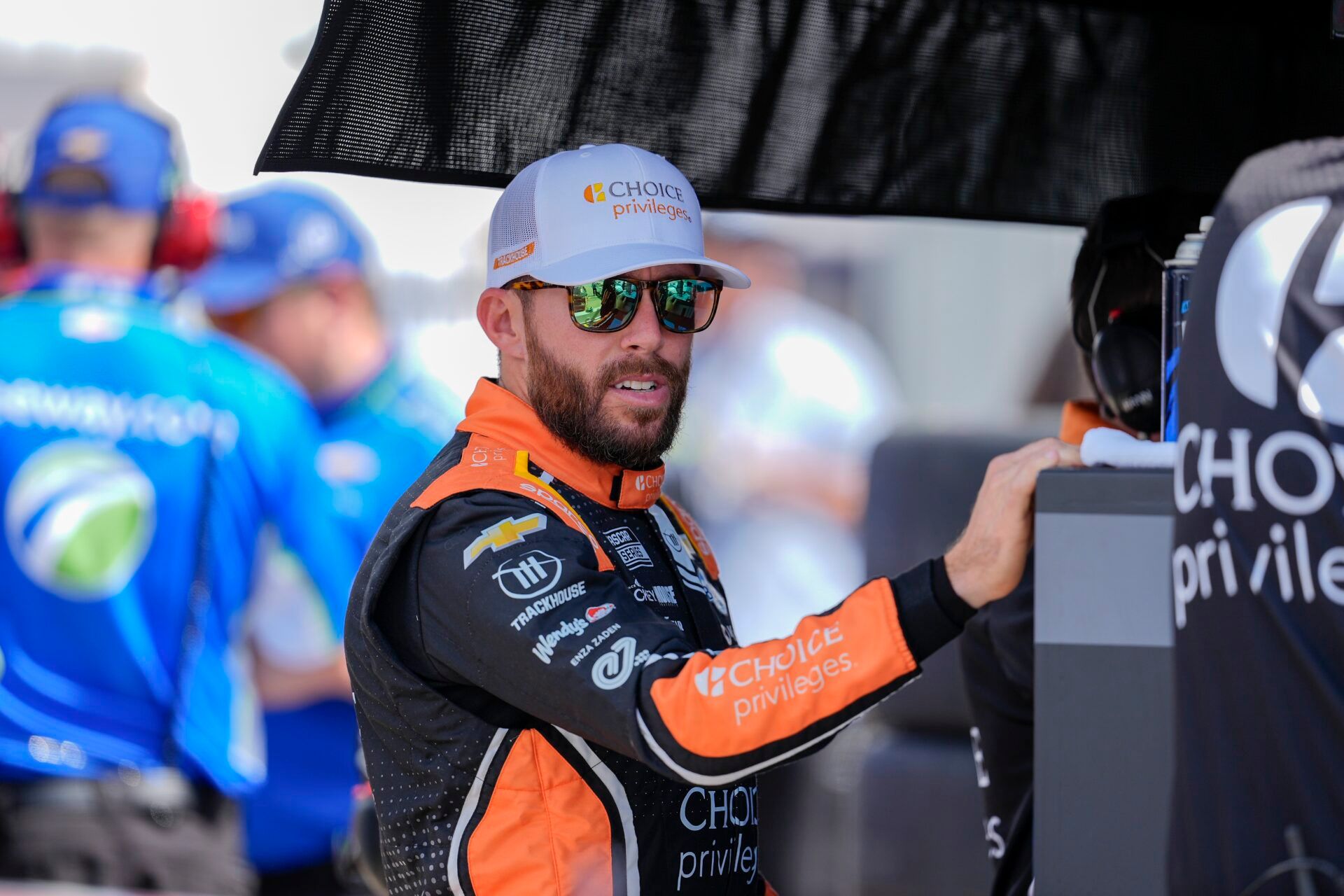 Mar 29, 2025; Martinsville, Virginia, USA; NASCAR Cup Series driver Ross Chastain (1) during practice for the Cook Out 400 at Martinsville Speedway. Mandatory Credit: Jim Dedmon-Imagn Images