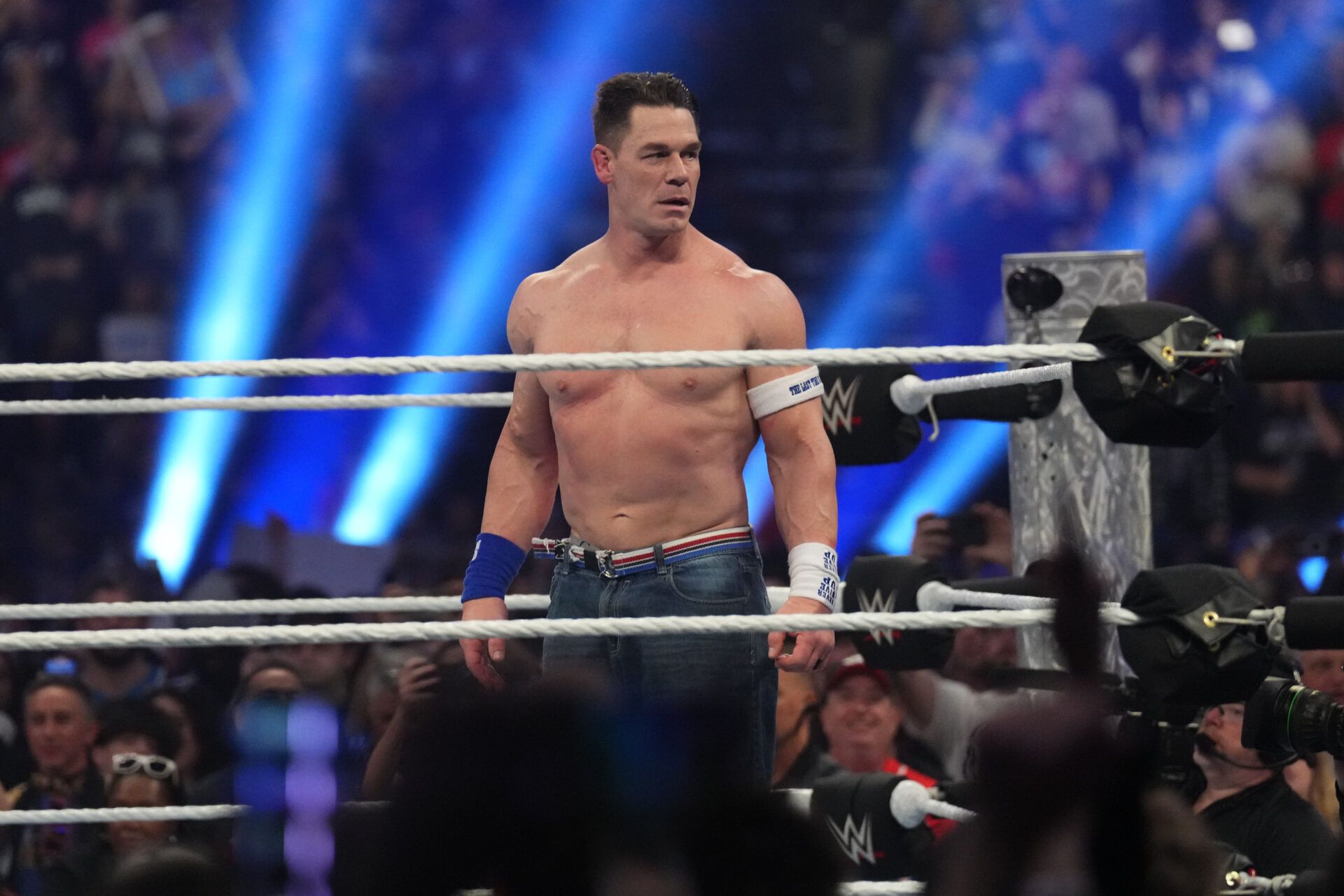 John Cena during the Men’s Royal Rumble match during the WWE Royal Rumble at Lucas Oil Stadium.