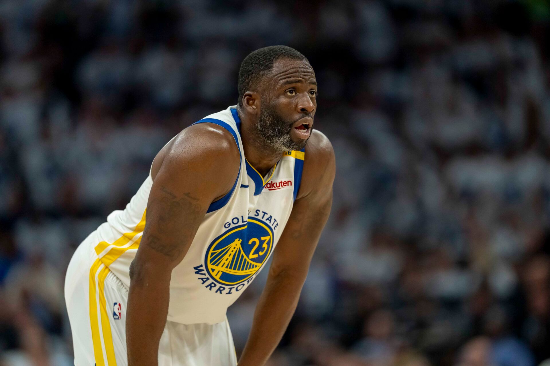 May 8, 2025; Minneapolis, Minnesota, USA; Golden State Warriors forward Draymond Green (23) looks on against the Minnesota Timberwolves in the second half during game two of the second round for the 2025 NBA Playoffs at Target Center. Mandatory Credit: Jesse Johnson-Imagn Images