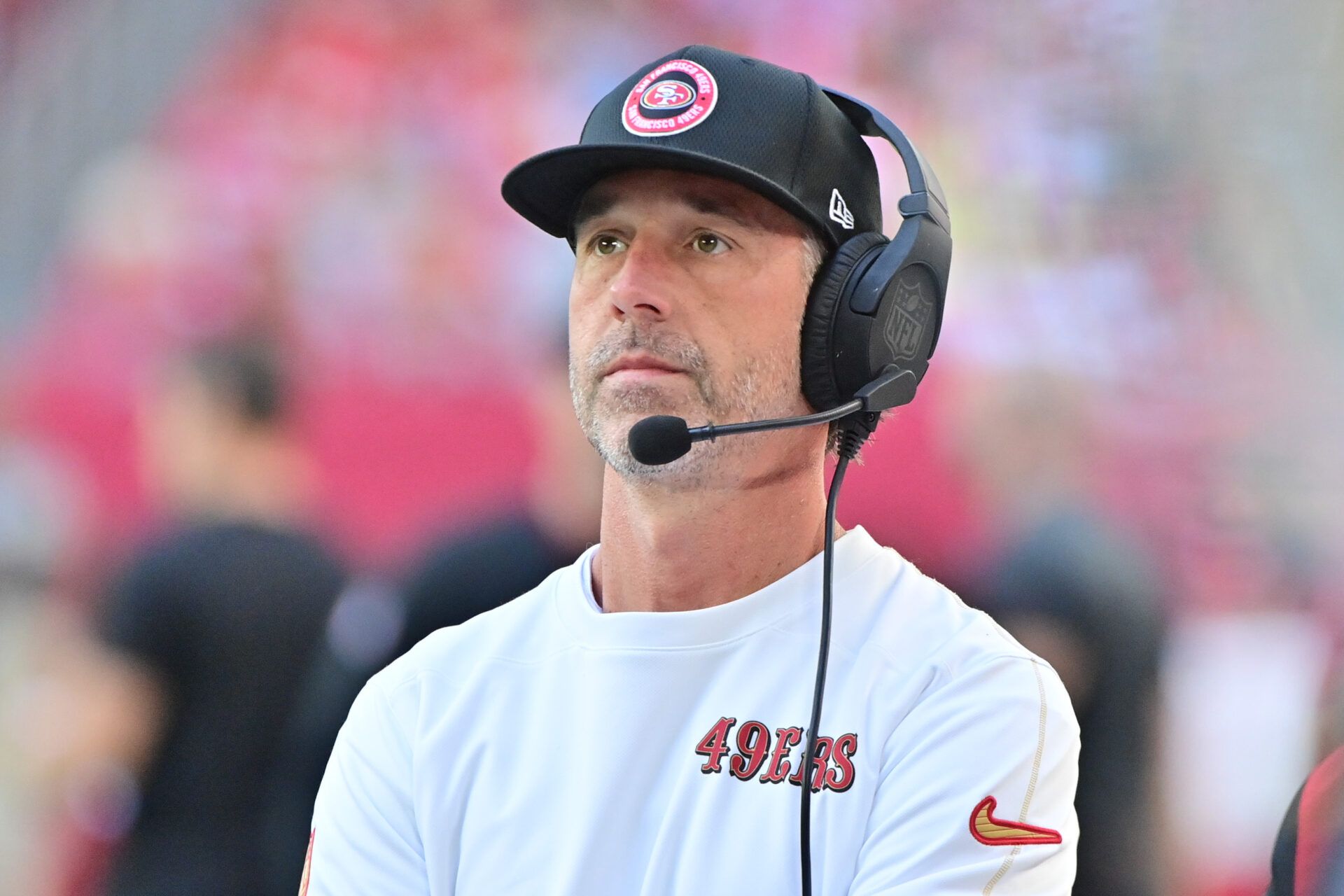 Jan 5, 2025; Glendale, Arizona, USA; San Francisco 49ers head coach Kyle Shanahan looks on in the first half against the Arizona Cardinals at State Farm Stadium. Mandatory Credit: Matt Kartozian-Imagn Images