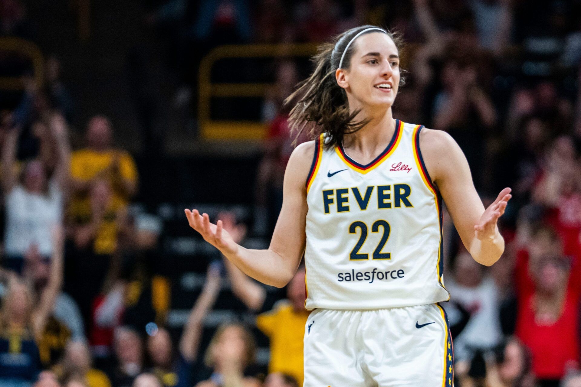 Indiana Fever guard Caitlin Clark (22) returned to Carver-Hawkeye Arena in Iowa City for a WNBA preseason game against the Brazil national team on May 4, 2025.