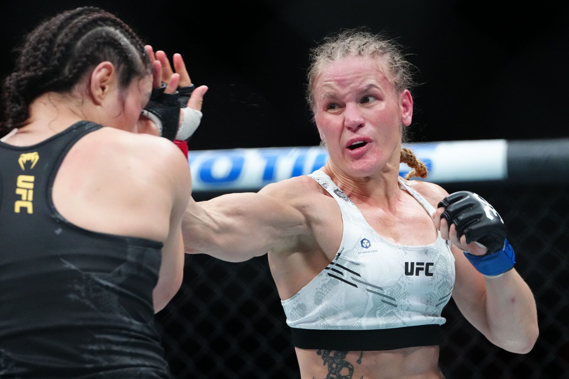 Sep 16, 2023; Las Vegas, Nevada, USA; Alexa Grasso (red gloves) fights Valentina Shevchenko (blue gloves) during UFC Fight Night at T-Mobile Arena. Mandatory Credit: Stephen R. Sylvanie-USA TODAY Sports
