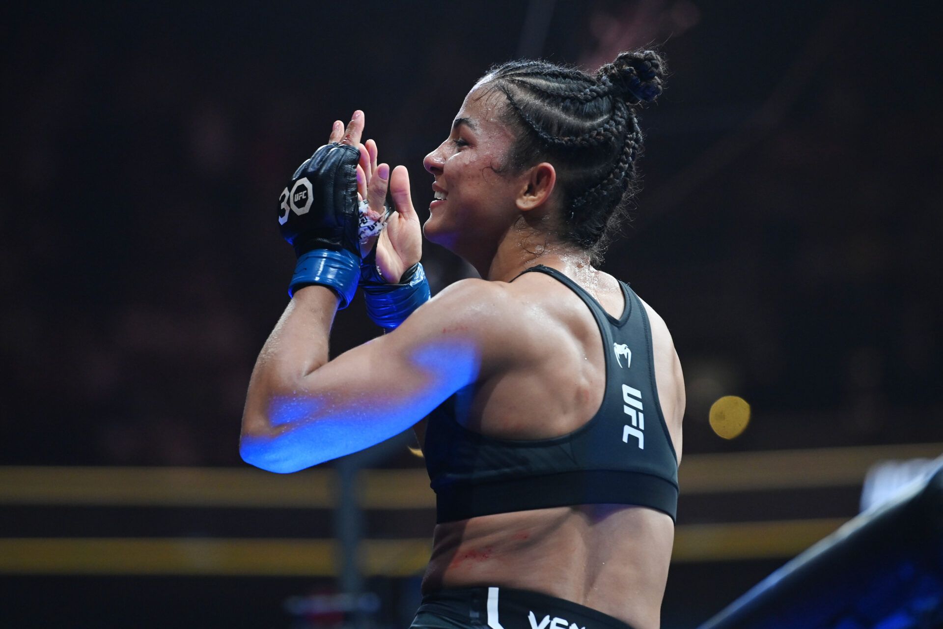 Aug 19, 2023; Boston, MA, USA; Natalia Silva (blue gloves) reacts to defeating Andrea Lee (red gloves) during UFC 292 at TD Garden. Mandatory Credit: Bob DeChiara-USA TODAY Sports