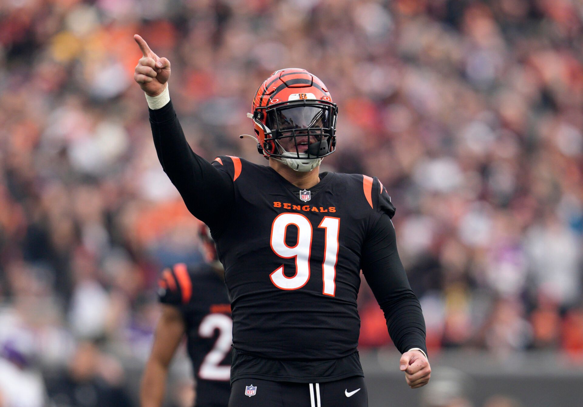 CINCINNATI, OHIO - DECEMBER 16: Trey Hendrickson #91 of the Cincinnati Bengals reacts after a play in the second half of the game against the Minnesota Vikings at Paycor Stadium on December 16, 2023 in Cincinnati, Ohio. (Photo by Jeff Dean/Getty Images)