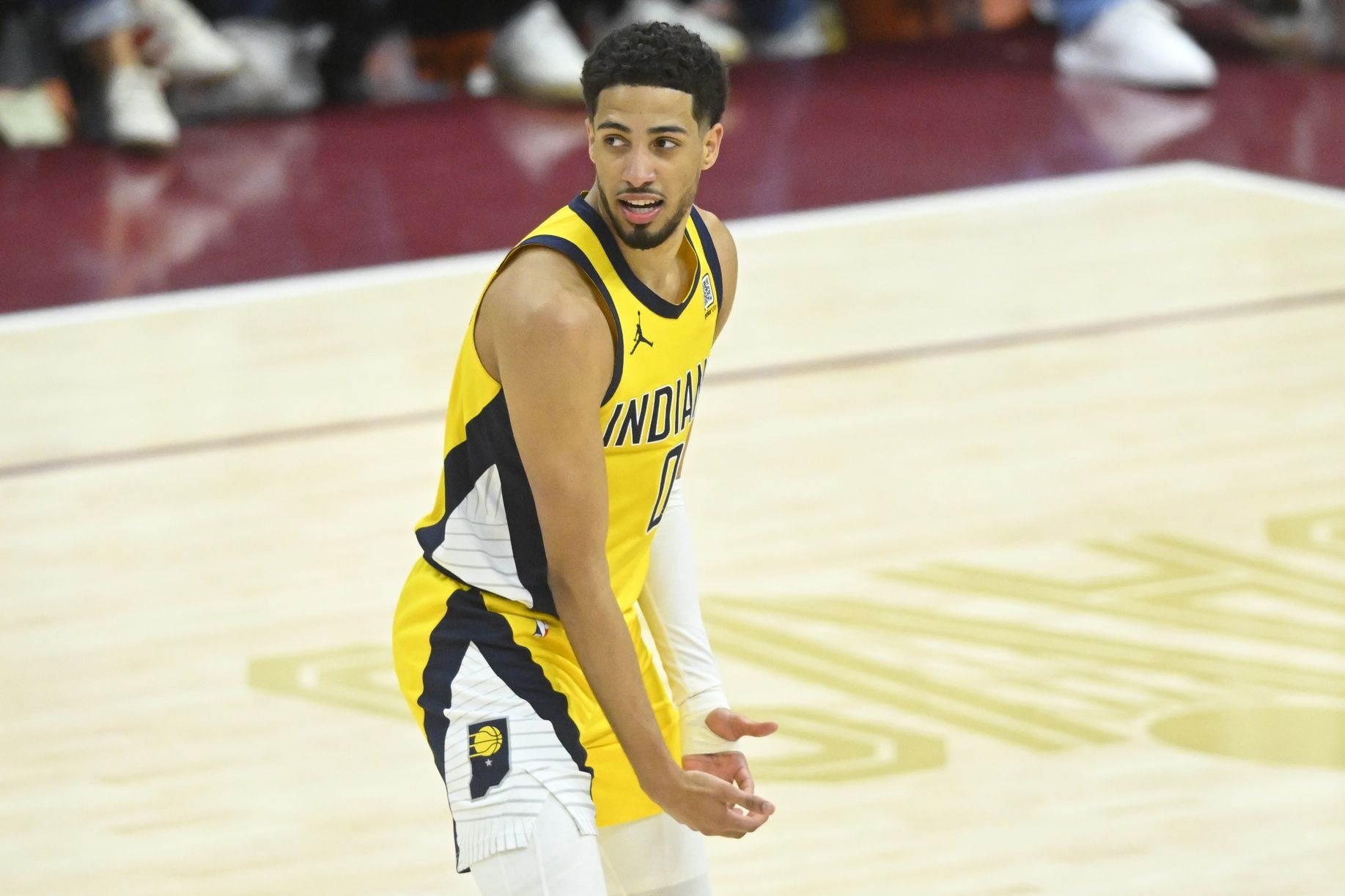 Indiana Pacers guard Tyrese Haliburton (0) celebrates his game-winning three-point basket in the fourth quarter during game two of the second round of the 2025 NBA Playoffs against the Cleveland Cavaliers at Rocket Arena.