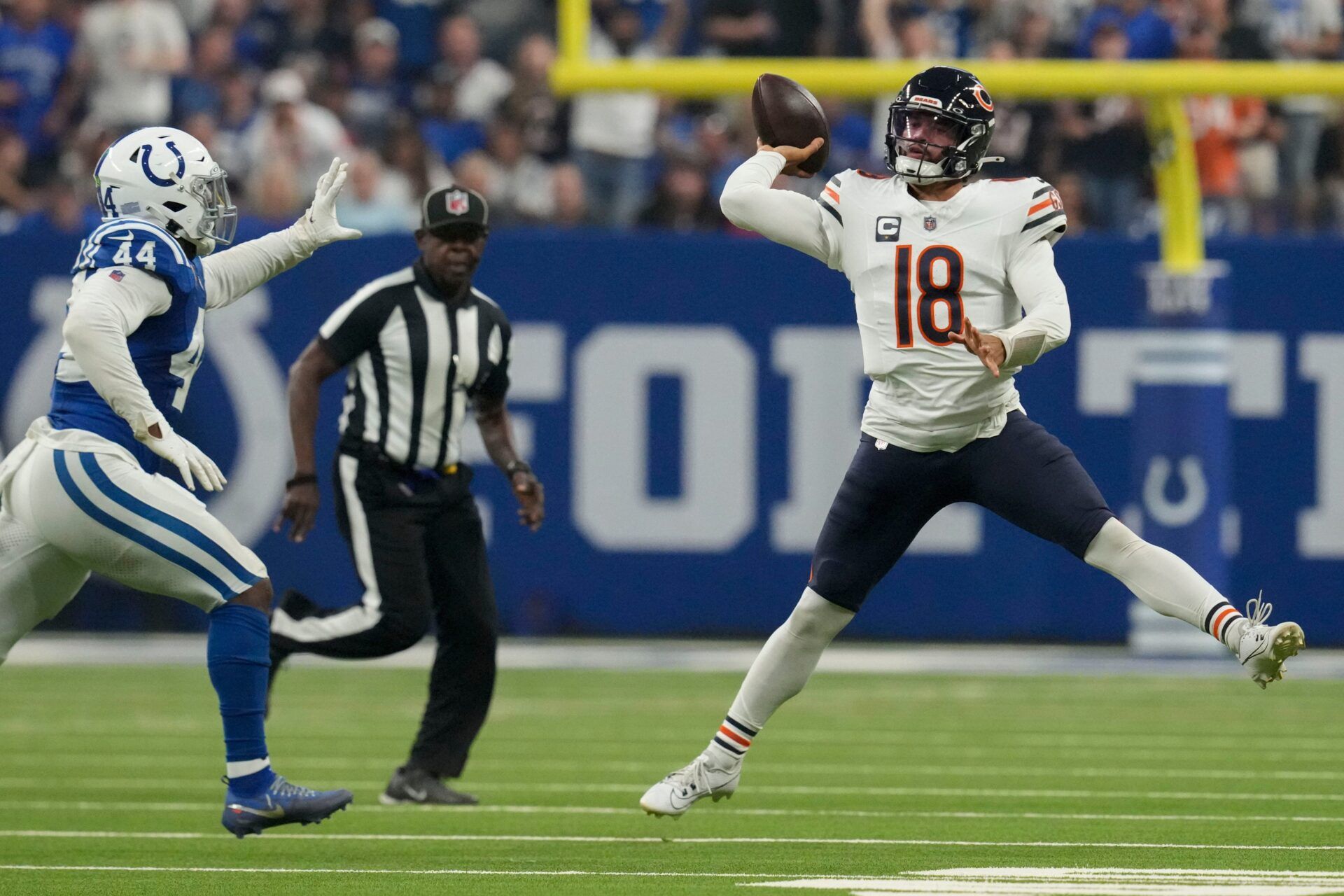 Indianapolis Colts linebacker Zaire Franklin (44) pressures Chicago Bears quarterback Caleb Williams (18) on Sunday, Sept. 22, 2024, during a game against the Chicago Bears at Lucas Oil Stadium in Indianapolis.