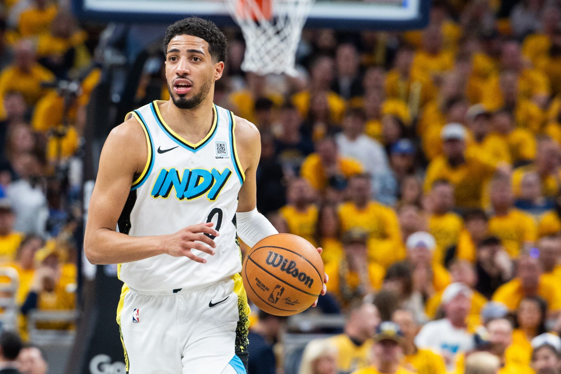 May 9, 2025; Indianapolis, Indiana, USA; Indiana Pacers guard Tyrese Haliburton (0) dribbles the ball during game three of the second round for the 2025 NBA Playoffs against the Cleveland Cavaliers at Gainbridge Fieldhouse. Mandatory Credit: Trevor Ruszkowski-Imagn Images
