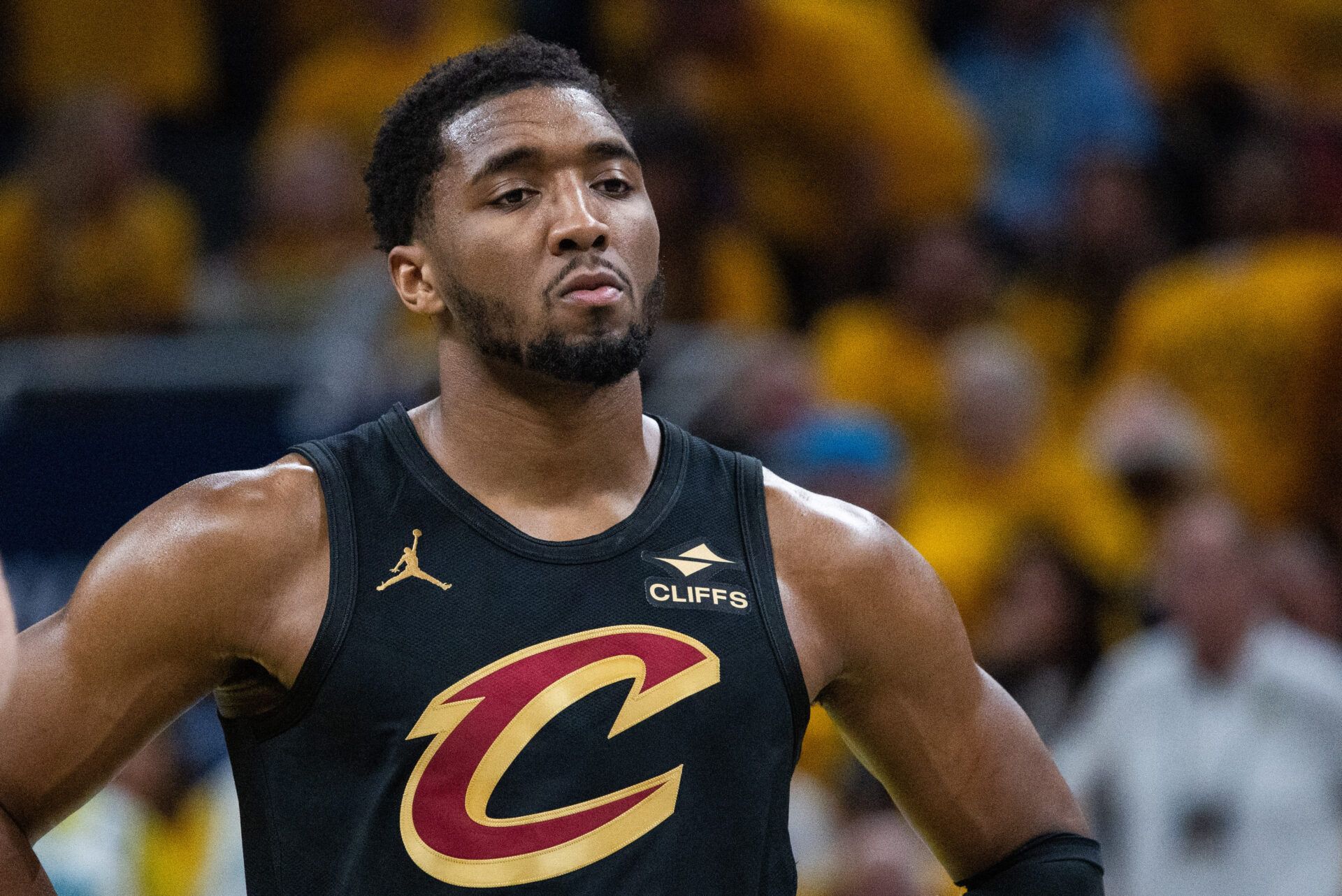 Cleveland Cavaliers guard Donovan Mitchell (45) during game three of the second round for the 2025 NBA Playoffs against the Indiana Pacers at Gainbridge Fieldhouse.