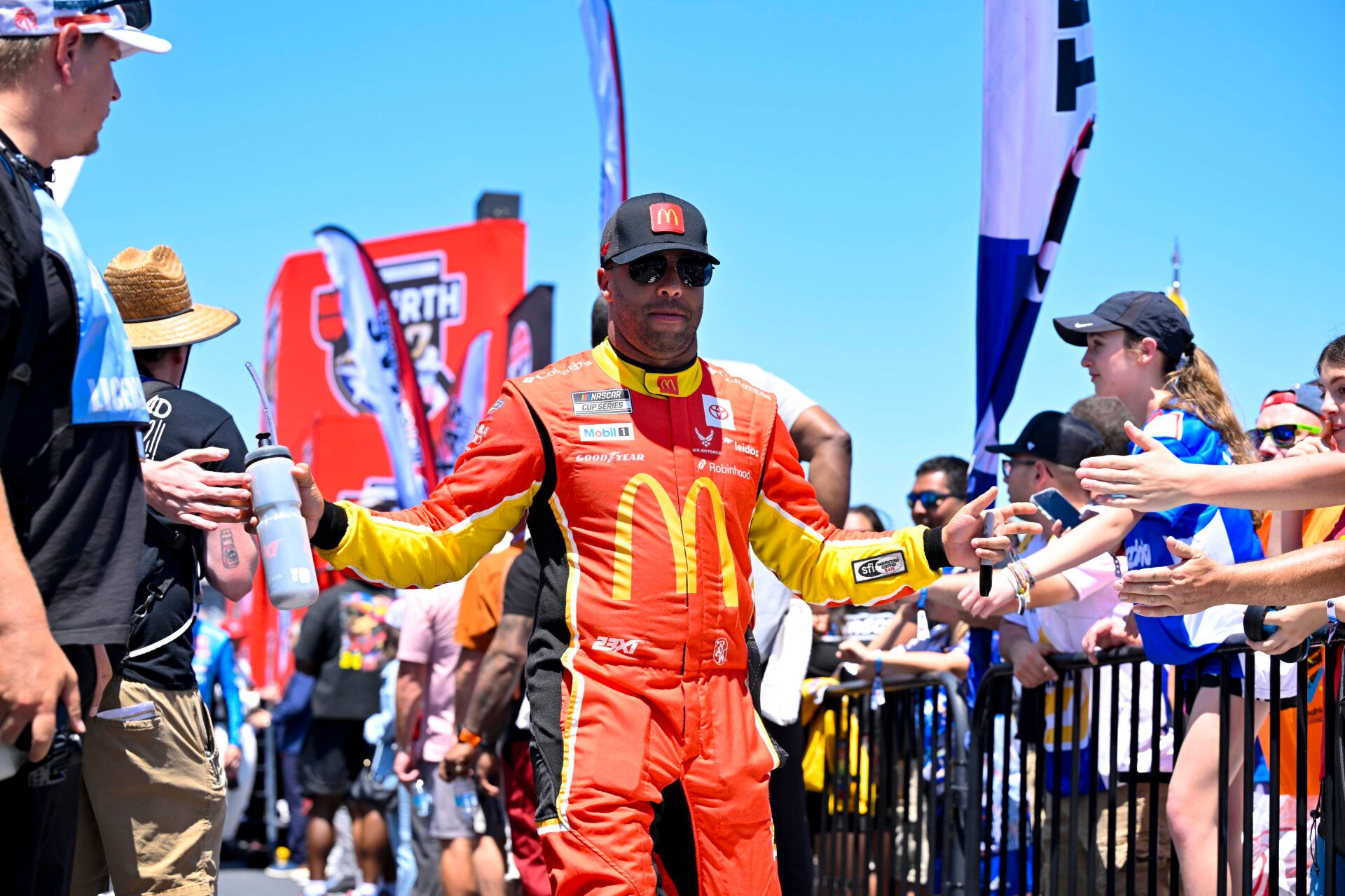 May 4, 2025; Fort Worth, Texas, USA; NASCAR Cup Series driver Bubba Wallace (23) is introduced before the start of the Wurth 400 race at Texas Motor Speedway. Mandatory Credit: Jerome Miron-Imagn Images