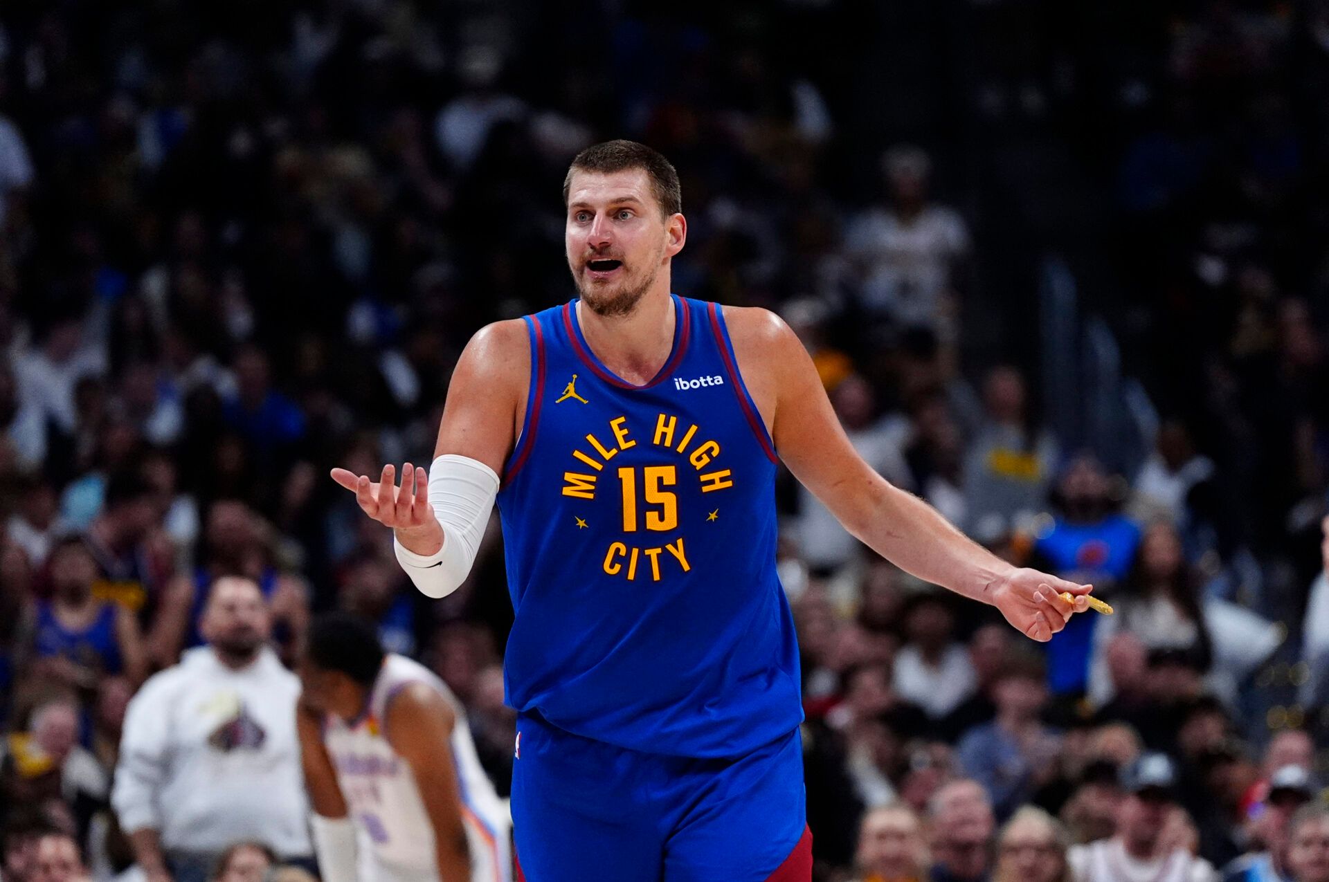 Denver Nuggets center Nikola Jokic (15) reacts to a foul called in the first half against the Oklahoma City Thunder during game three of the second round for the 2025 NBA Playoffs at Ball Arena.