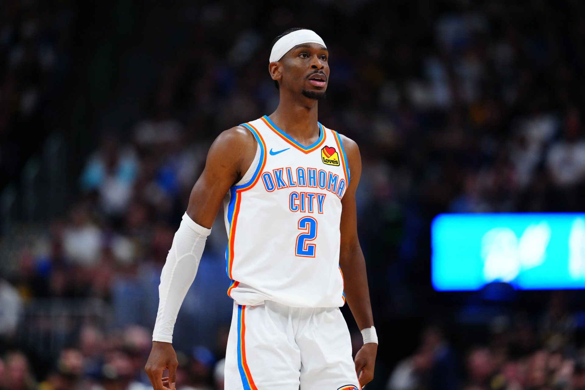 May 9, 2025; Denver, Colorado, USA; Oklahoma City Thunder guard Shai Gilgeous-Alexander (2) during the first quarter against the Denver Nuggets during game three of the second round for the 2025 NBA Playoffs at Ball Arena. Mandatory Credit: Ron Chenoy-Imagn Images