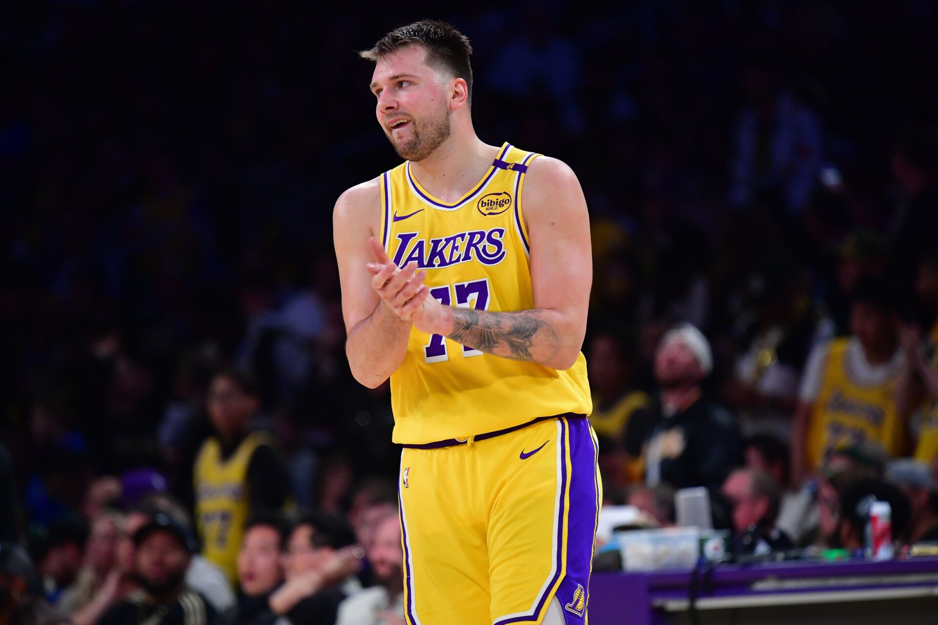Los Angeles Lakers guard Luka Doncic (77) reacts during the second half in game five of first round for the 2025 NBA Playoffs at Crypto.com Arena.