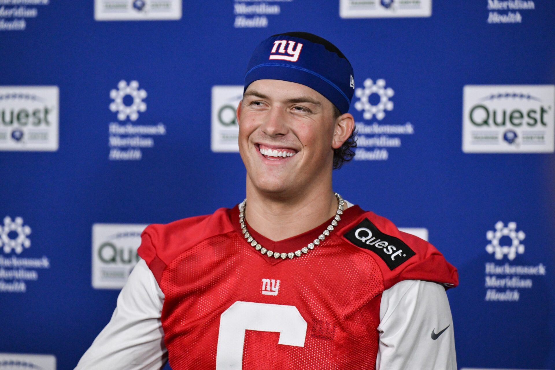 New York Giants quarterback Jaxson Dart (6) speaks to members of the press after rookie minicamp at Quest Diagnostics Training Center.