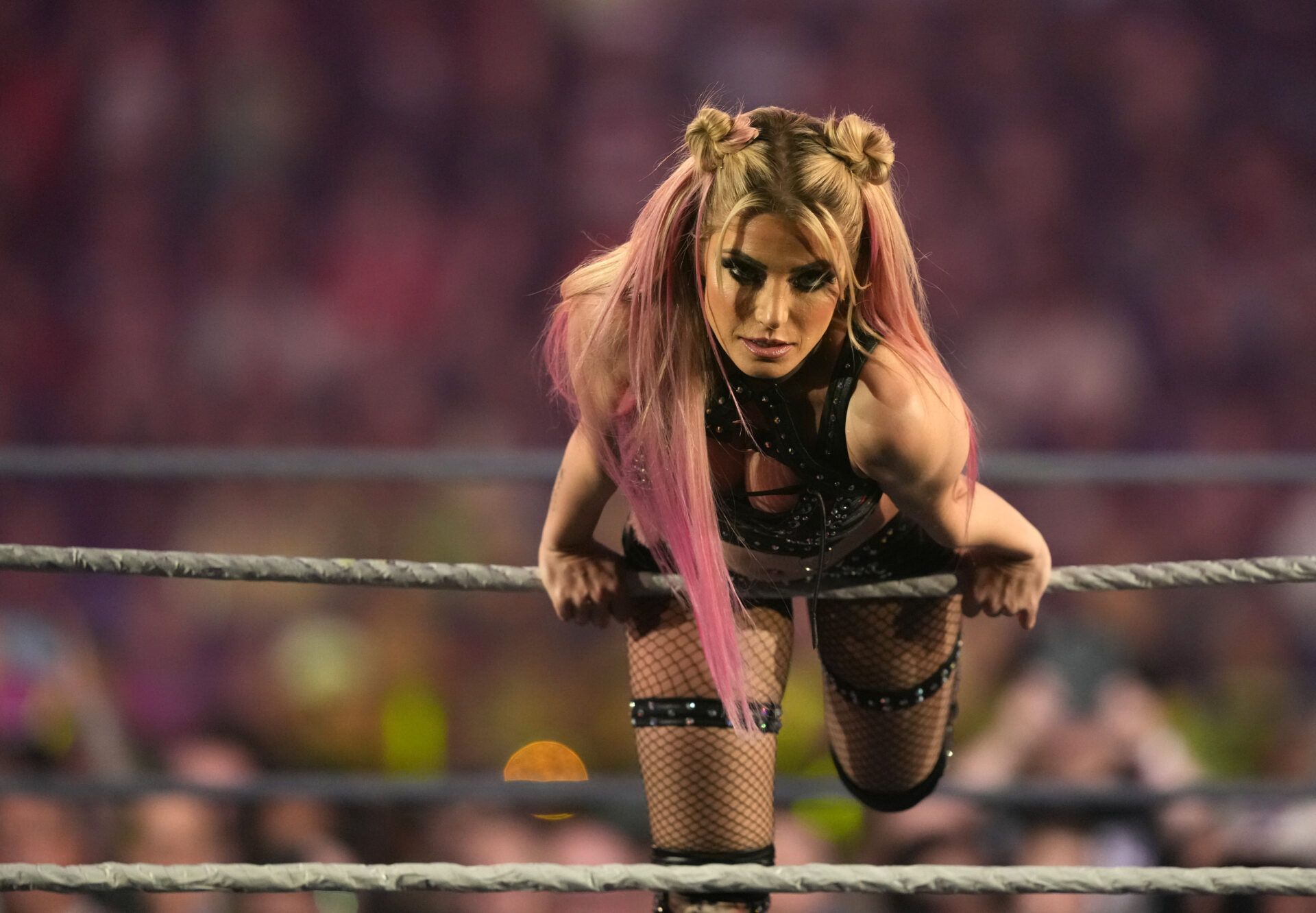 Alexa Bliss enters the arena during the WWE Royal Rumble at the Alamodome.