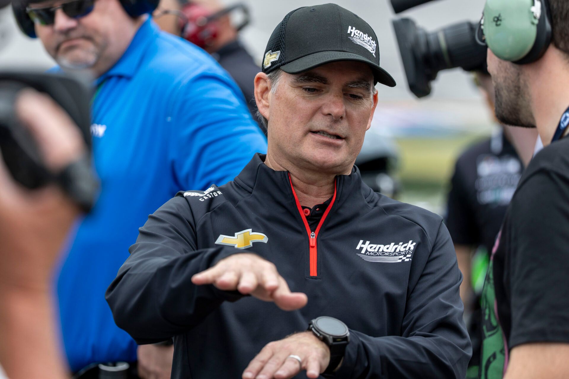 Former driver Jeff Gordon talks with the media during Jack Link's 500 qualifying at Talladega Superspeedway.