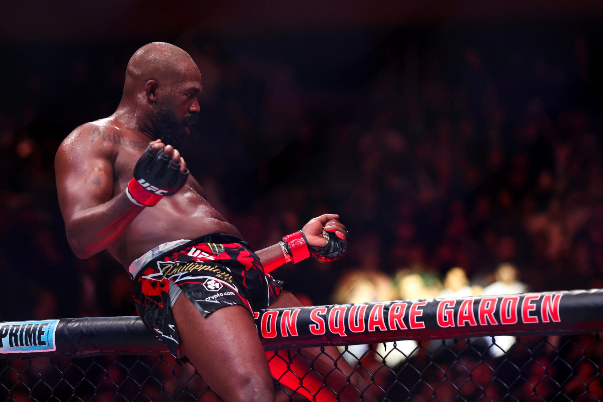 NEW YORK, NEW YORK - NOVEMBER 16: Jon Jones of the United States of America reacts after his TKO victory against Stipe Miocic of the United States of America in the UFC heavyweight championship fight during the UFC 309 event at Madison Square Garden on November 16, 2024 in New York City. (Photo by Sarah Stier/Getty Images)