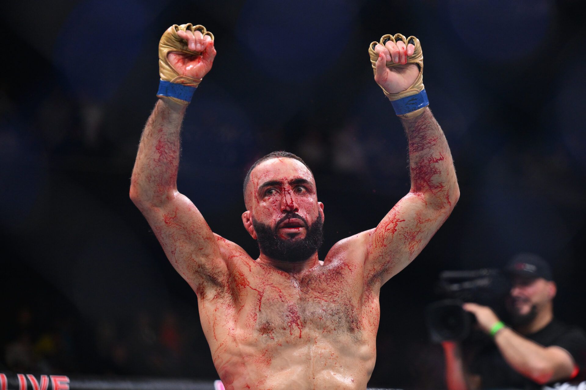 MANCHESTER, ENGLAND - JULY 28: Belal Muhammad reacts after his victory against Leon Edwards of Jamaica at Co-op Live on July 28, 2024 in Manchester, England.  (Photo by Ben Roberts Photo/Getty Images)